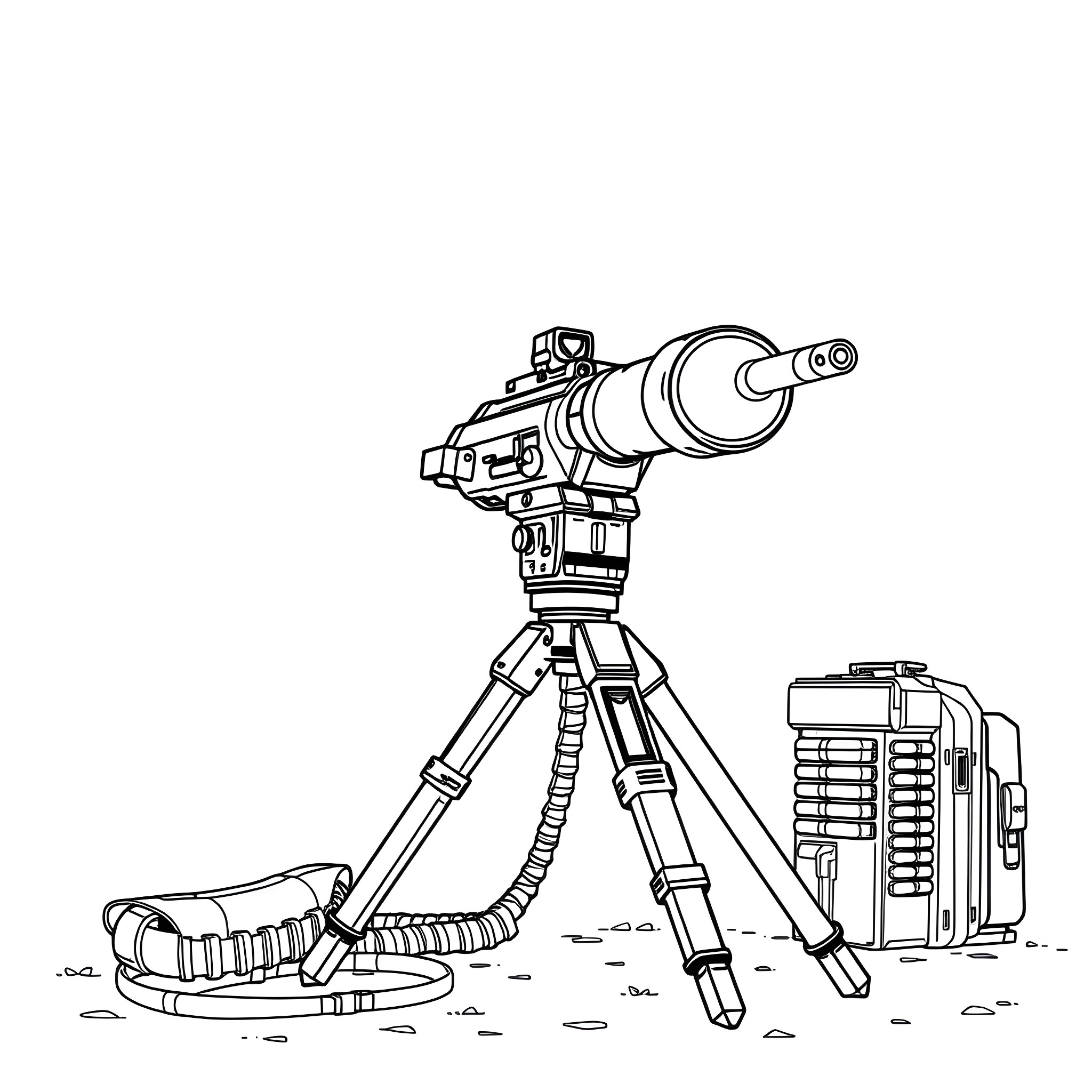 Machine Gun on Tripod with Accessories Coloring Page (free black-and-white line drawing printable PDF for all, from beginners to advanced learners, including children, teens, adults, and seniors)