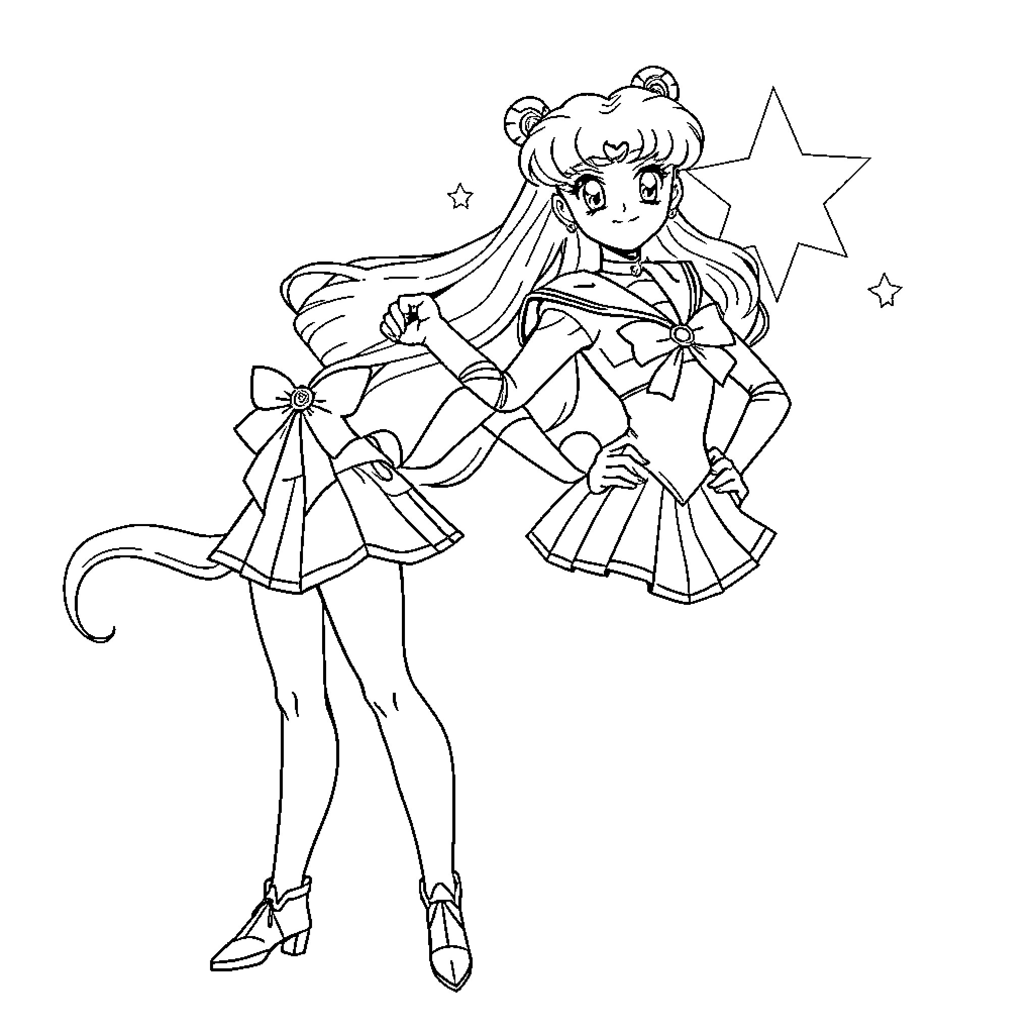 Sailor Jupiter poses dramatically with star accessories Coloring Page (free black-and-white line drawing printable PDF for all, from beginners to advanced learners, including children, teens, adults, and seniors)