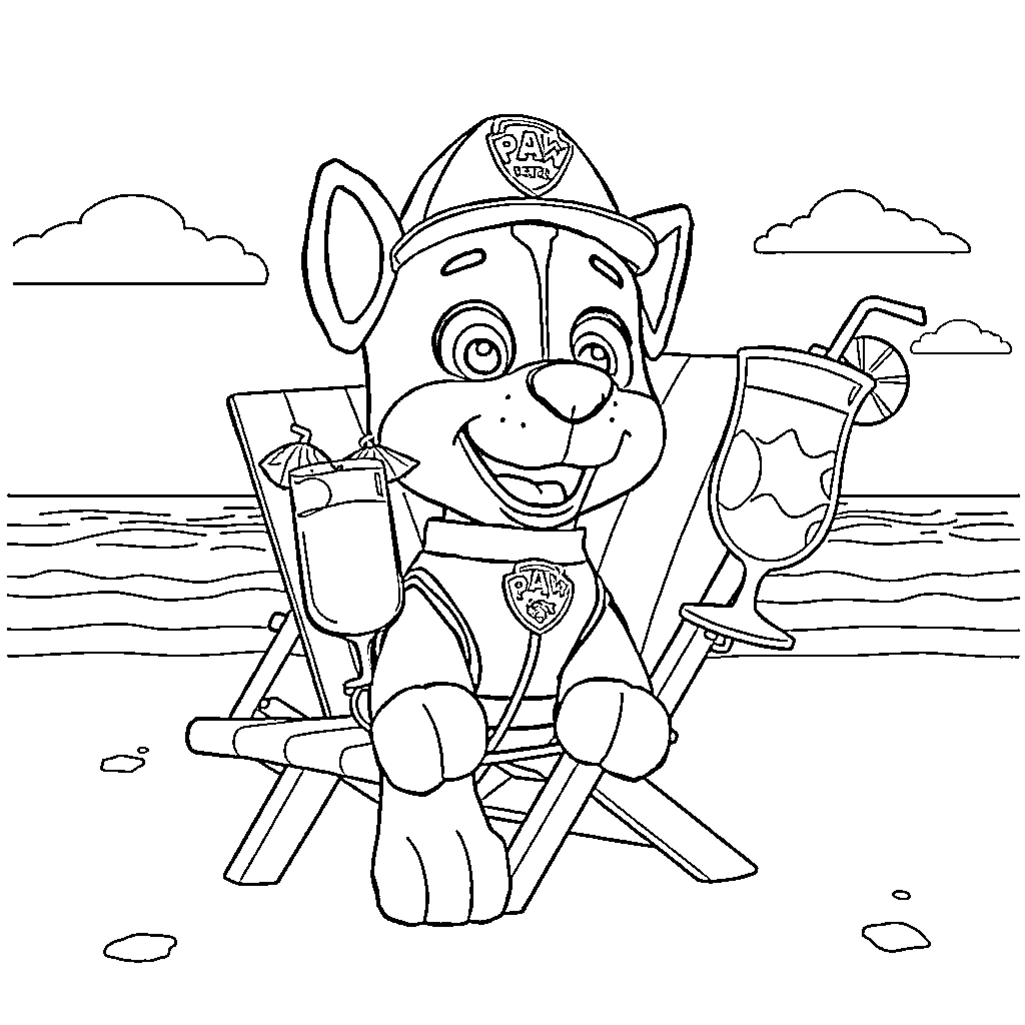 Marshall enjoying a beach day in his uniform Coloring Page (free black-and-white line drawing printable PDF for all, from beginners to advanced learners, including children, teens, adults, and seniors)