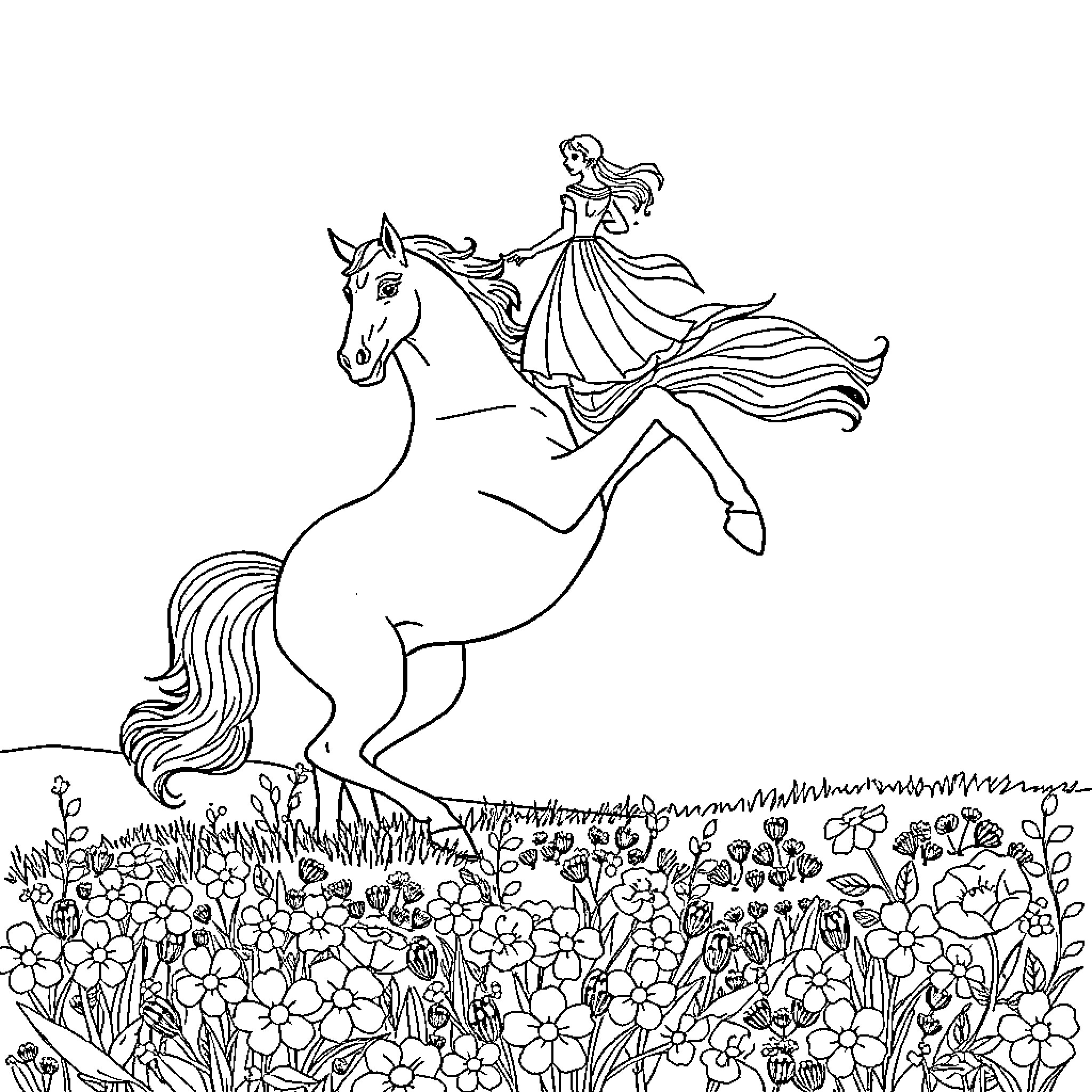 Horse carrying a princess through a flowery meadow Coloring Page (free black-and-white line drawing printable PDF for all, from beginners to advanced learners, including children, teens, adults, and seniors)