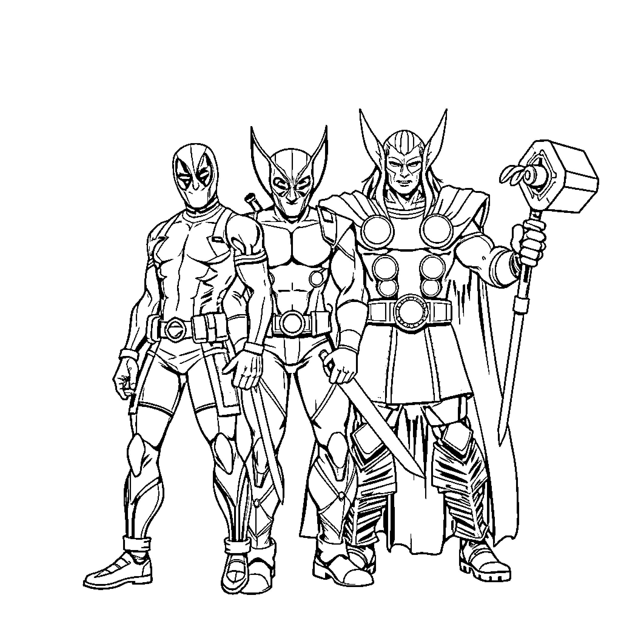 Marvel Character Action Heroes in Epic Poses Coloring Page (free black-and-white line drawing printable PDF for all, from beginners to advanced learners, including children, teens, adults, and seniors)