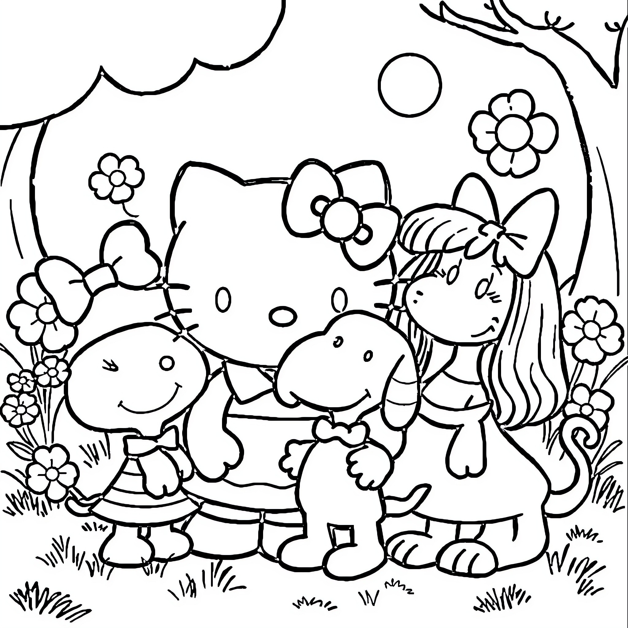 Hello Kitty and friends in a nature scene Coloring Page (free black-and-white line drawing printable PDF for all, from beginners to advanced learners, including children, teens, adults, and seniors)