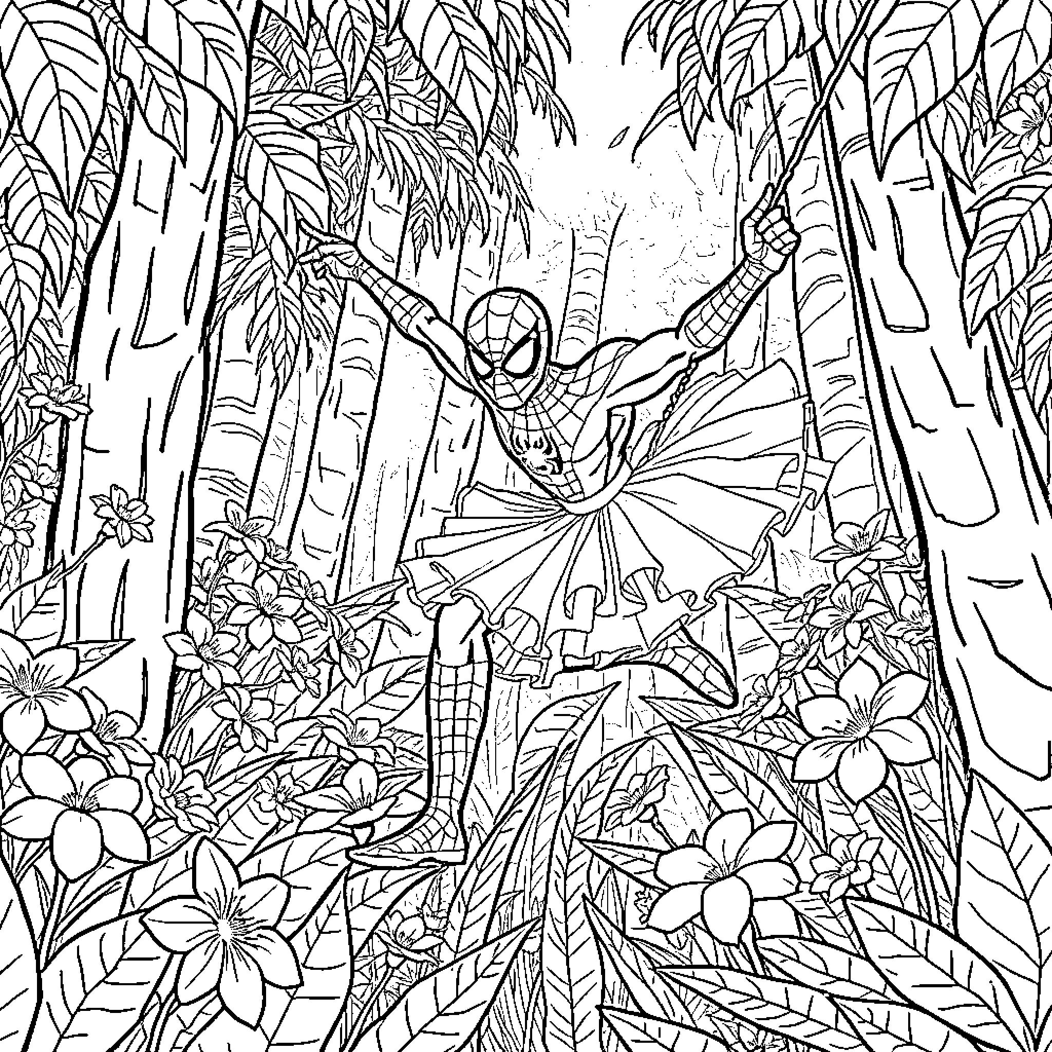 Spider-Man swinging through the jungle landscape Coloring Page (free black-and-white line drawing printable PDF for all, from beginners to advanced learners, including children, teens, adults, and seniors)