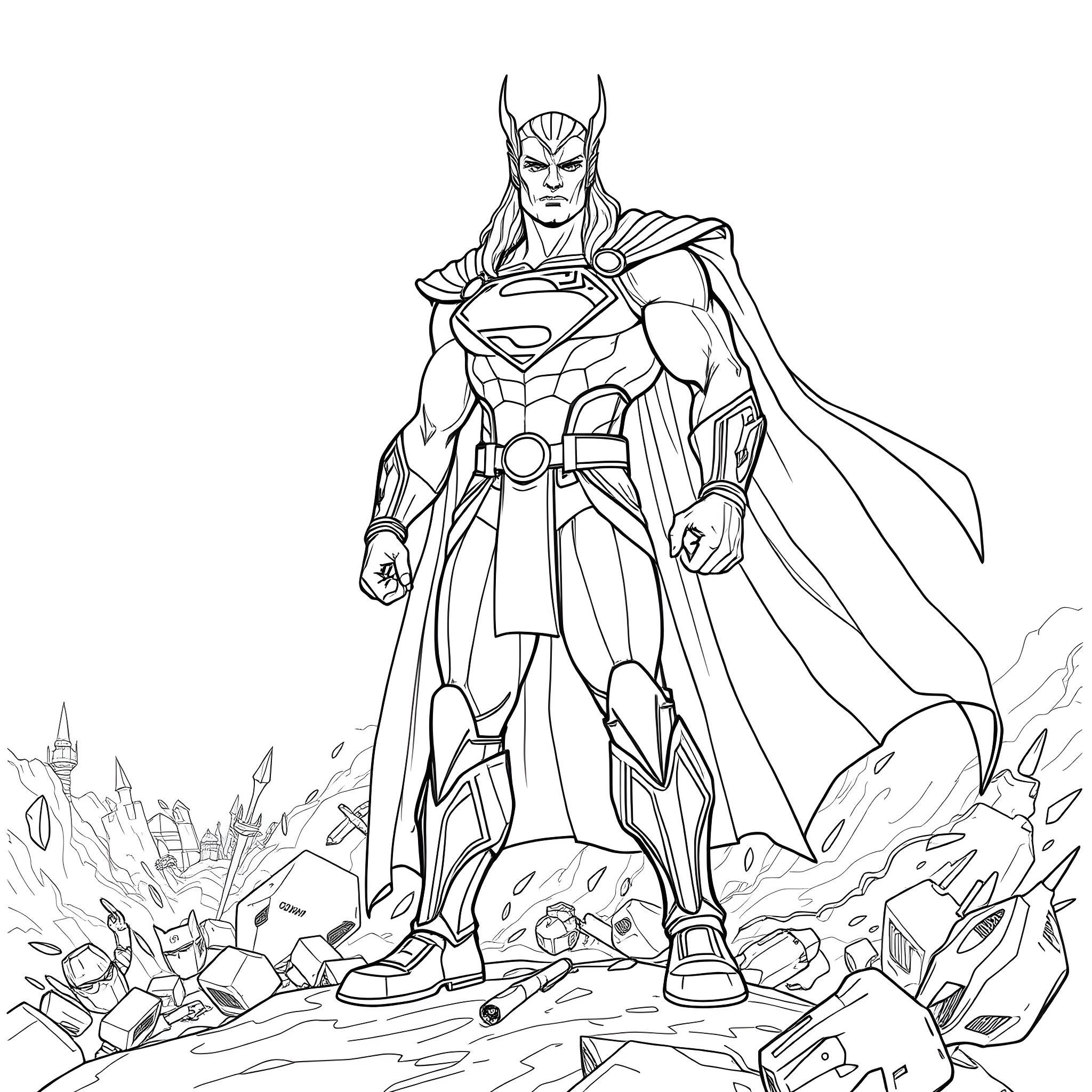 Superhero in heroic pose amidst battle debris Coloring Page (free black-and-white line drawing printable PDF for all, from beginners to advanced learners, including children, teens, adults, and seniors)