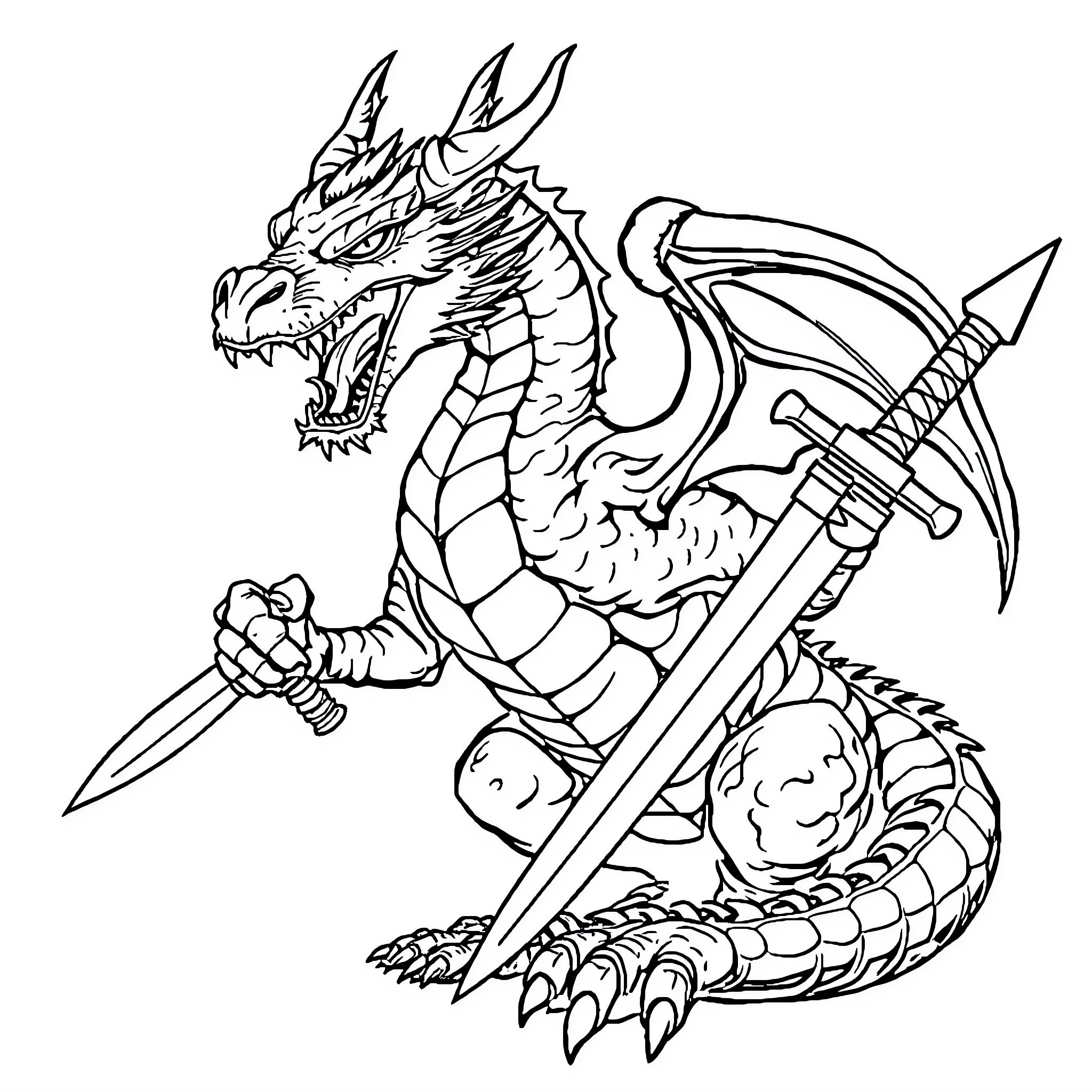 Dragon wielding a sword in fierce combat Coloring Page (free black-and-white line drawing printable PDF for all, from beginners to advanced learners, including children, teens, adults, and seniors)