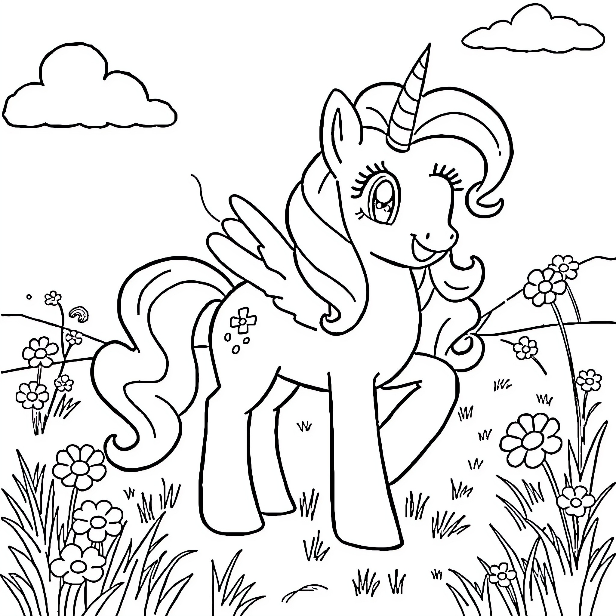 Pinkie Pie enjoying a floral fantasy adventure Coloring Page (free black-and-white line drawing printable PDF for all, from beginners to advanced learners, including children, teens, adults, and seniors)