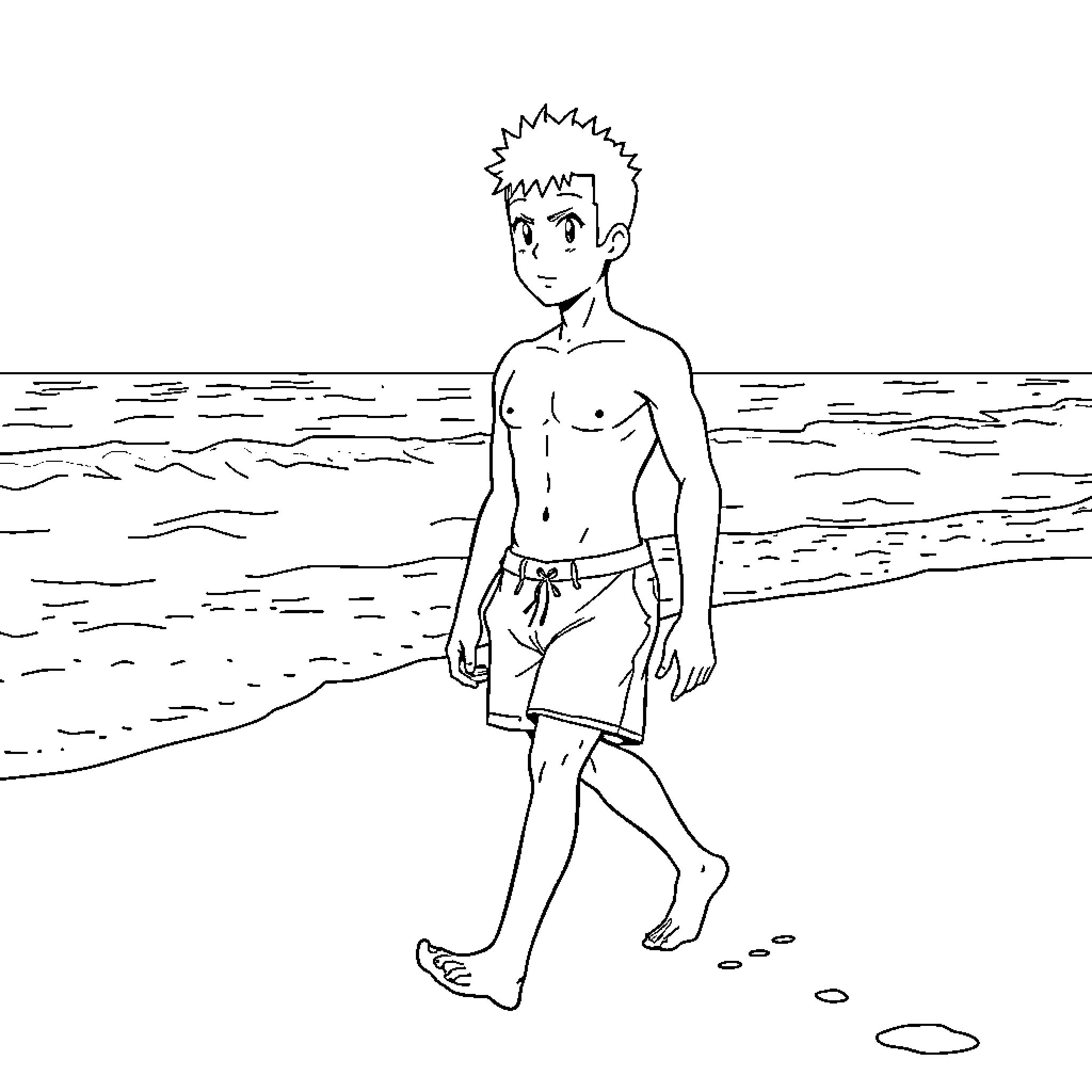 Saitama walking on the beach Coloring Page (free black-and-white line drawing printable PDF for all, from beginners to advanced learners, including children, teens, adults, and seniors)