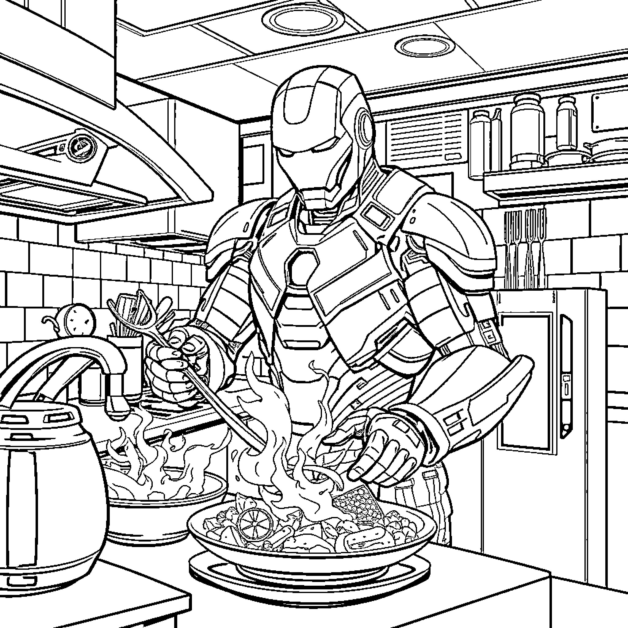 Iron Man Cooking Up a Meal in the Kitchen Coloring Page (free black-and-white line drawing printable PDF for all, from beginners to advanced learners, including children, teens, adults, and seniors)