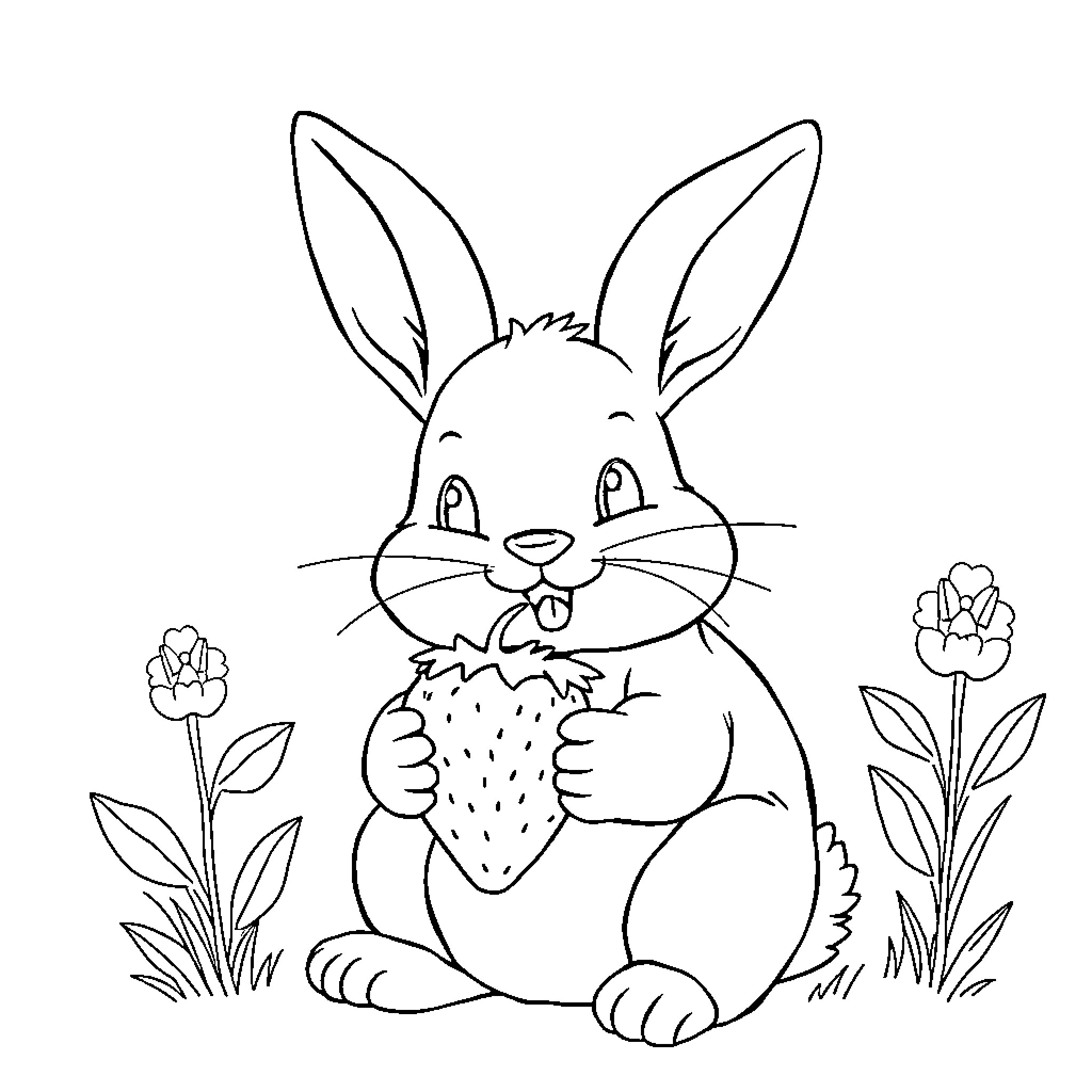 Bunny enjoying a strawberry in the garden Coloring Page (free black-and-white line drawing printable PDF for all, from beginners to advanced learners, including children, teens, adults, and seniors)