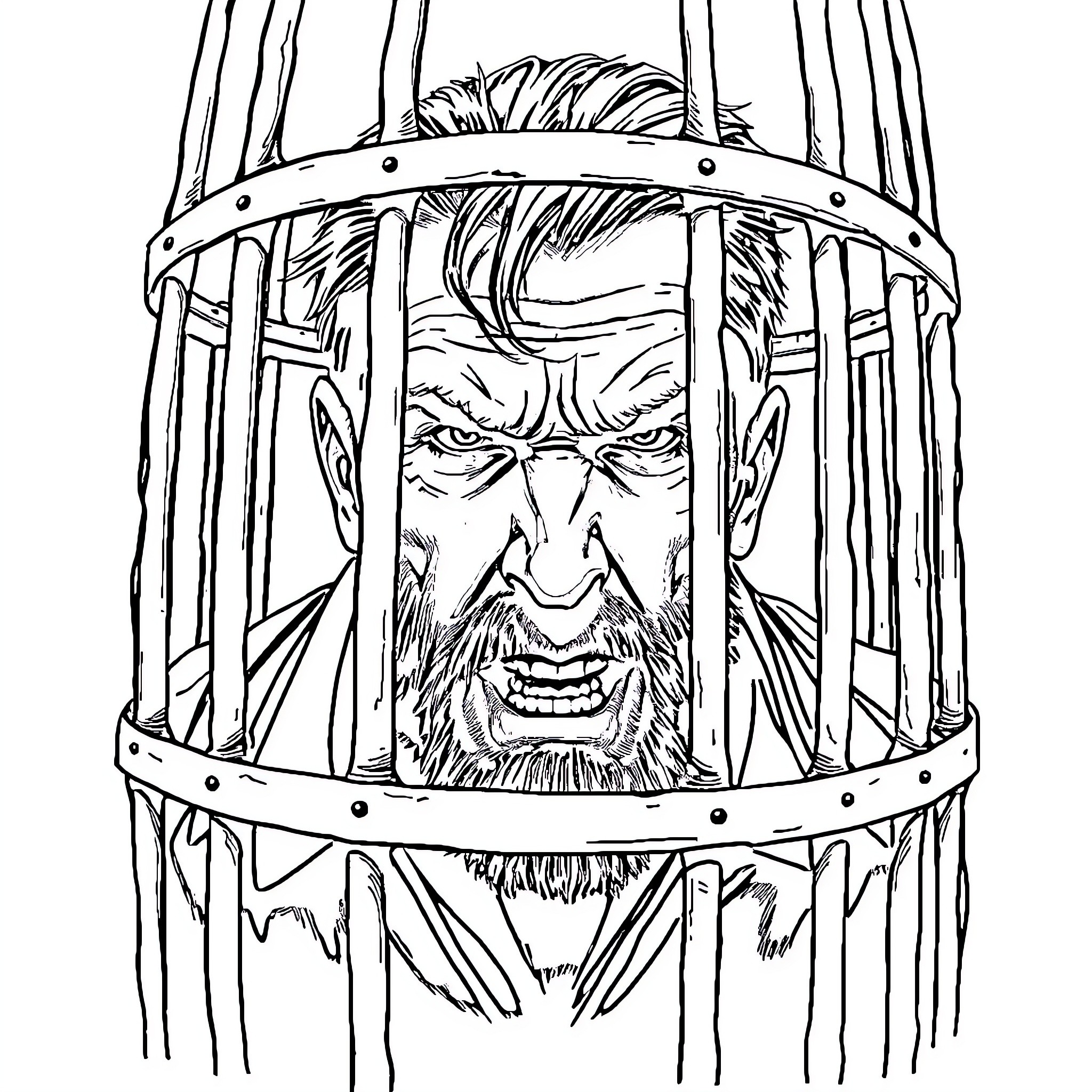 Nicholas Cage imprisoned in a cage with intense expression Coloring Page (free black-and-white line drawing printable PDF for all, from beginners to advanced learners, including children, teens, adults, and seniors)