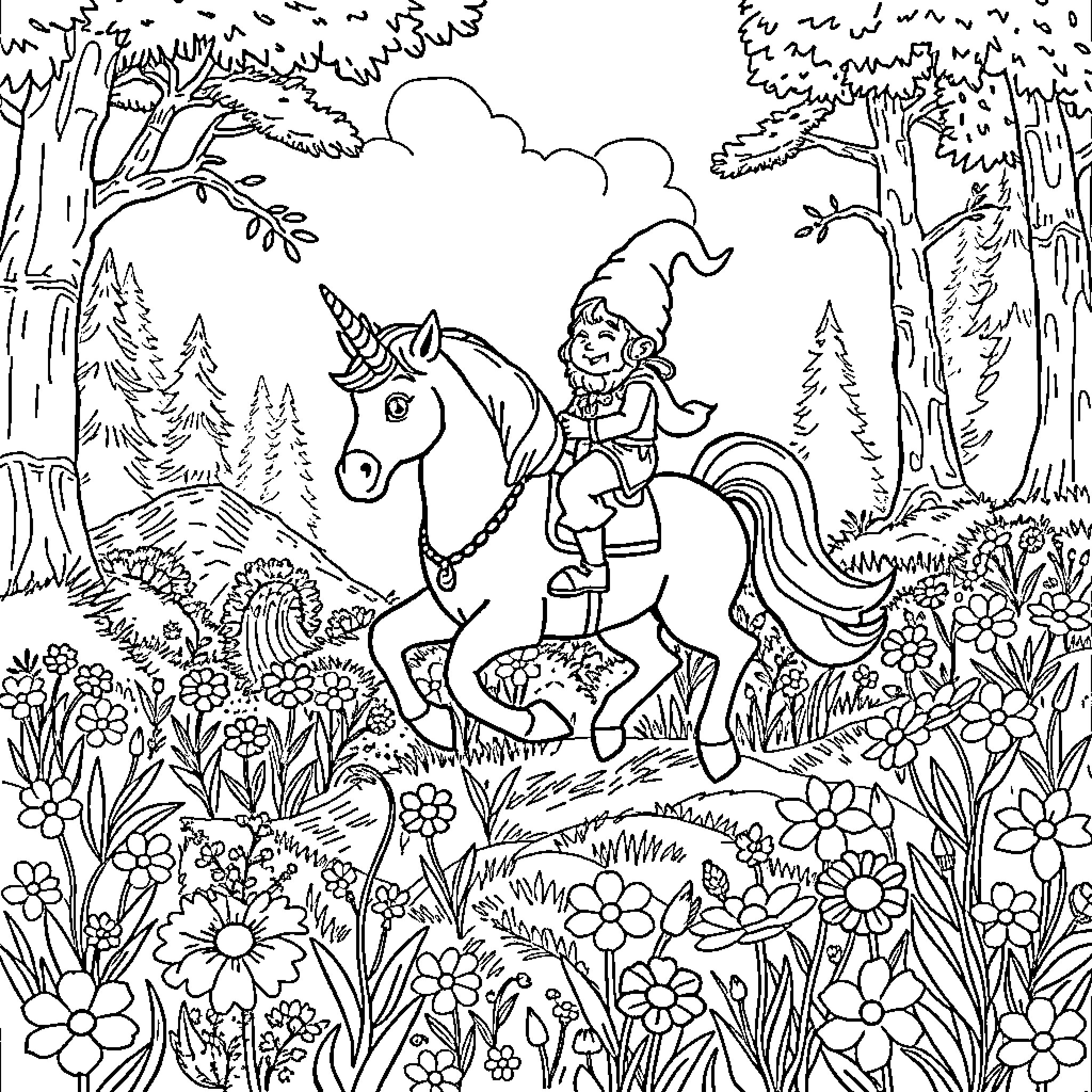 Gnome riding a unicorn through a magical forest Coloring Page (free black-and-white line drawing printable PDF for all, from beginners to advanced learners, including children, teens, adults, and seniors)