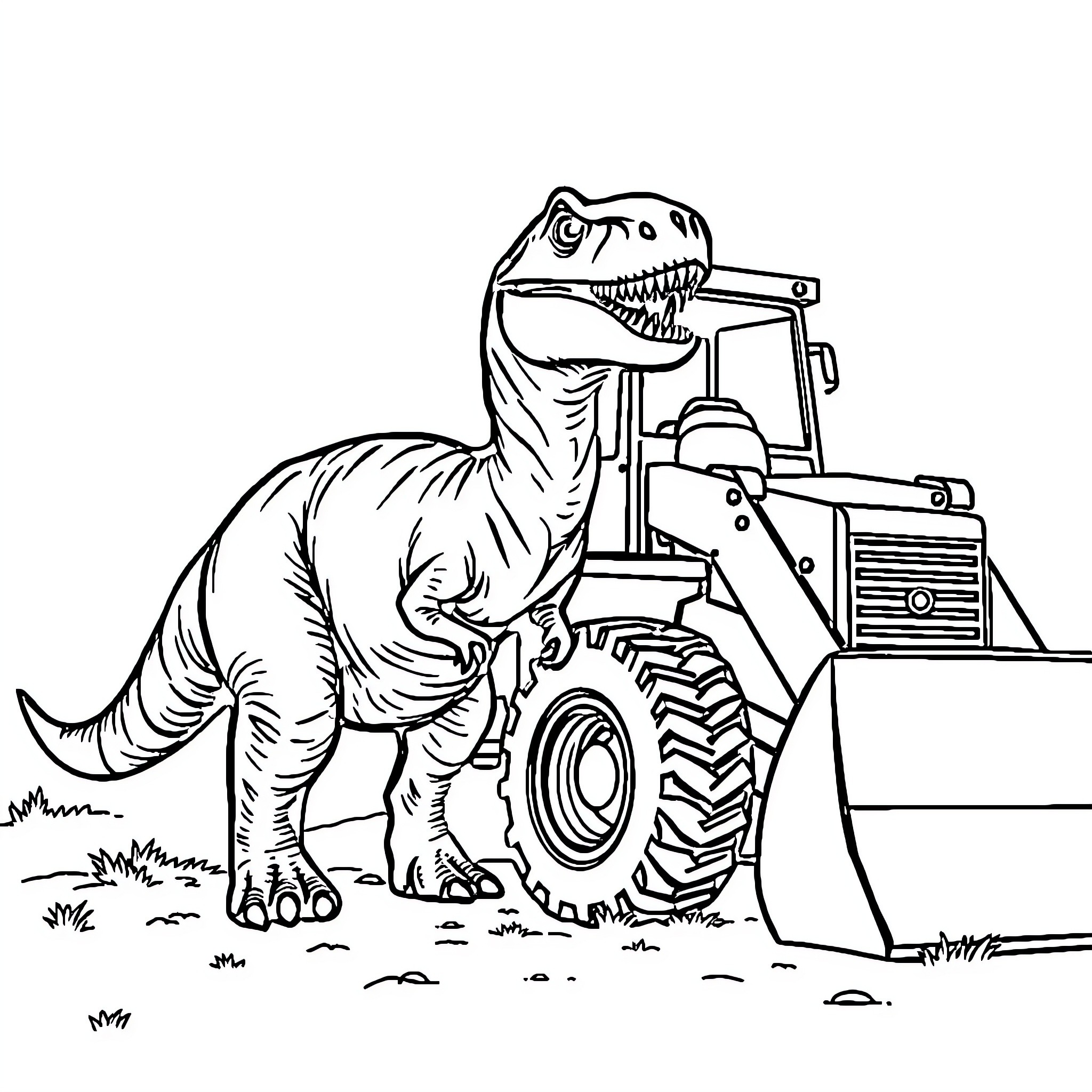 Dinosaur operating heavy machinery on construction site Coloring Page (free black-and-white line drawing printable PDF for all, from beginners to advanced learners, including children, teens, adults, and seniors)