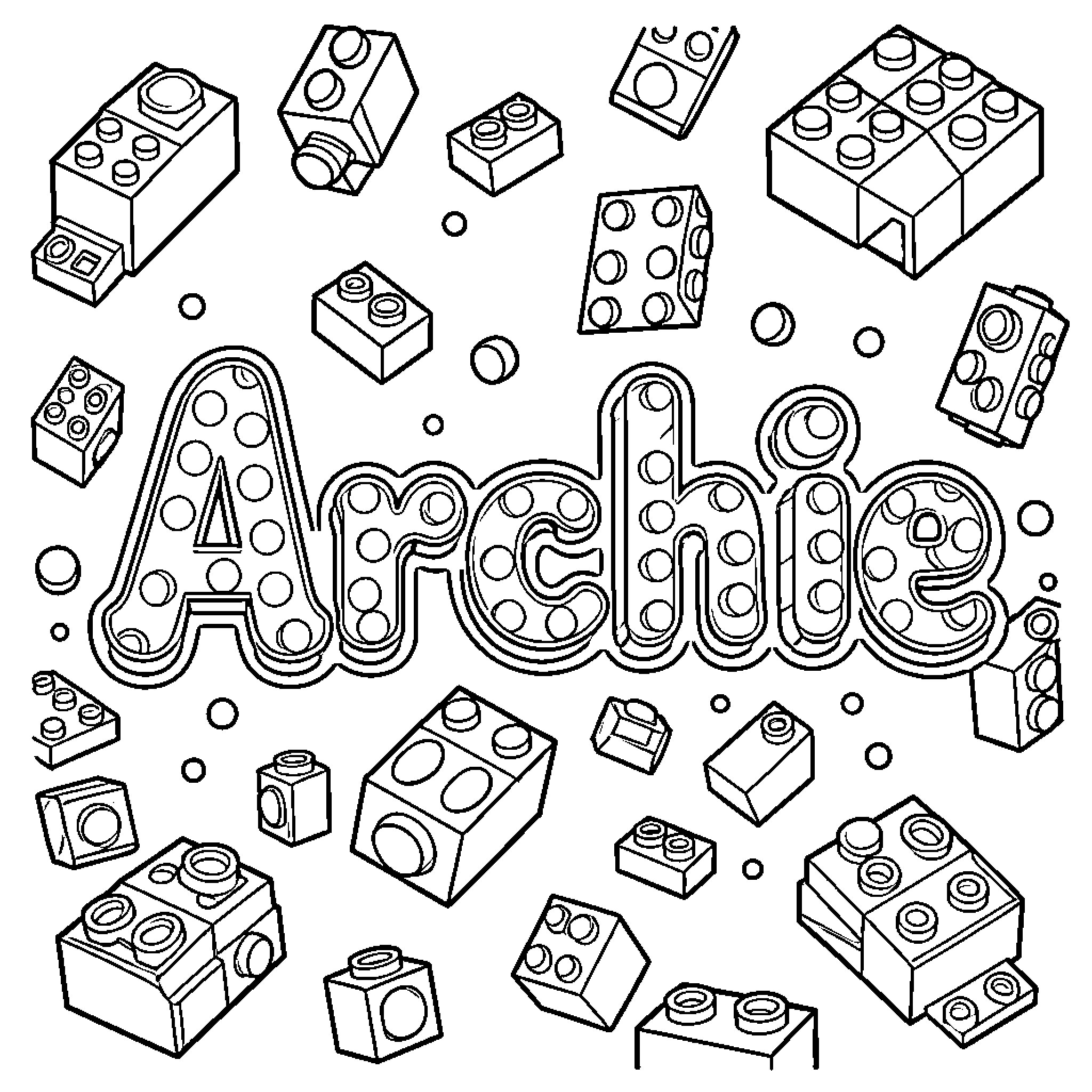 Archie surrounded by various building toy blocks Coloring Page (free black-and-white line drawing printable PDF for all, from beginners to advanced learners, including children, teens, adults, and seniors)