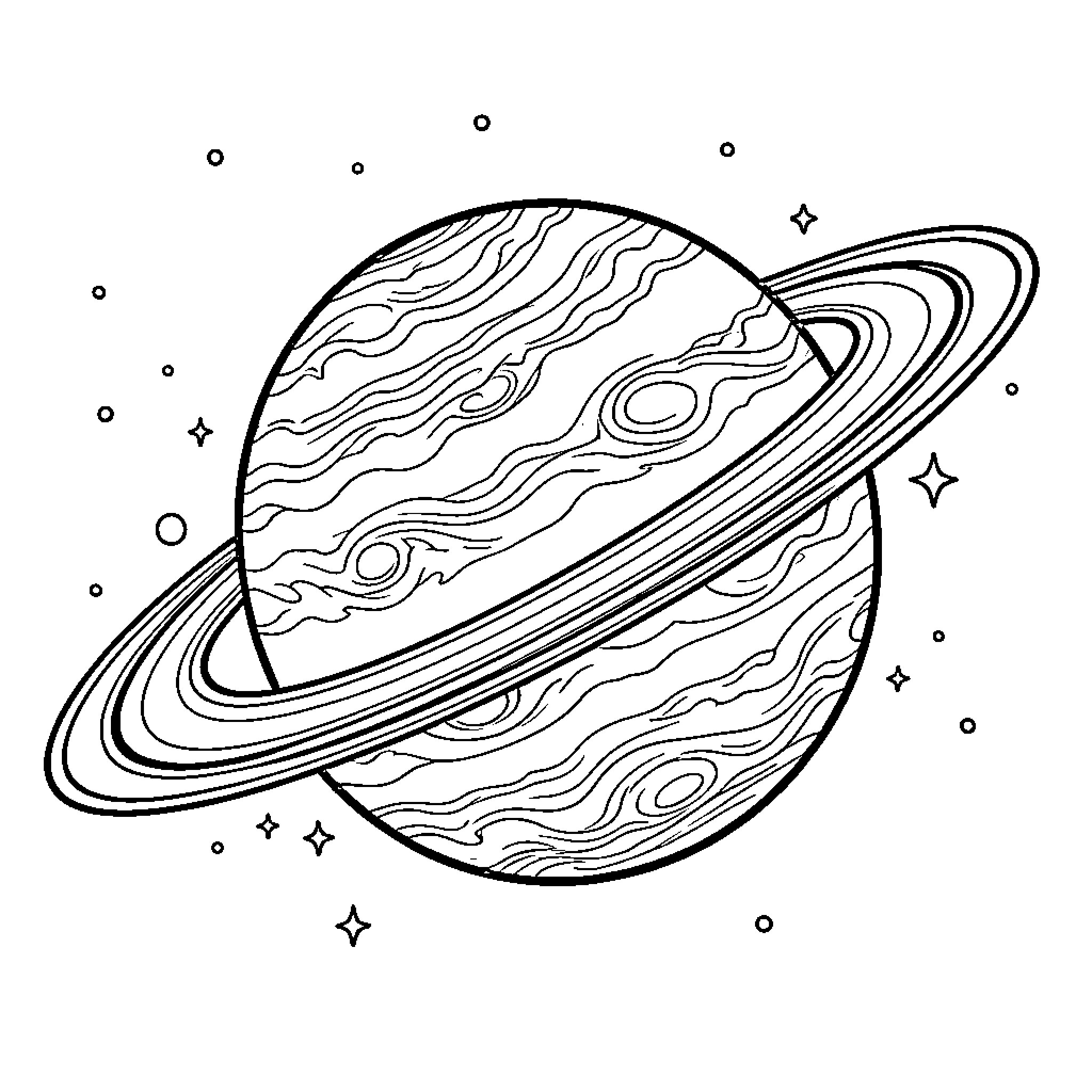 Saturn's Celestial Elegance Coloring Page (free black-and-white line drawing printable PDF for all, from beginners to advanced learners, including children, teens, adults, and seniors)
