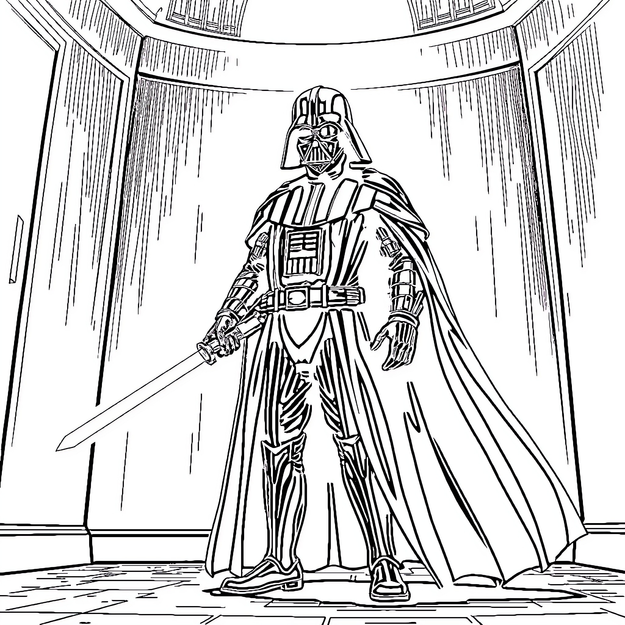 Darth Vader's Intimidating Presence in the Imperial Chamber Coloring Page (free black-and-white line drawing printable PDF for all, from beginners to advanced learners, including children, teens, adults, and seniors)
