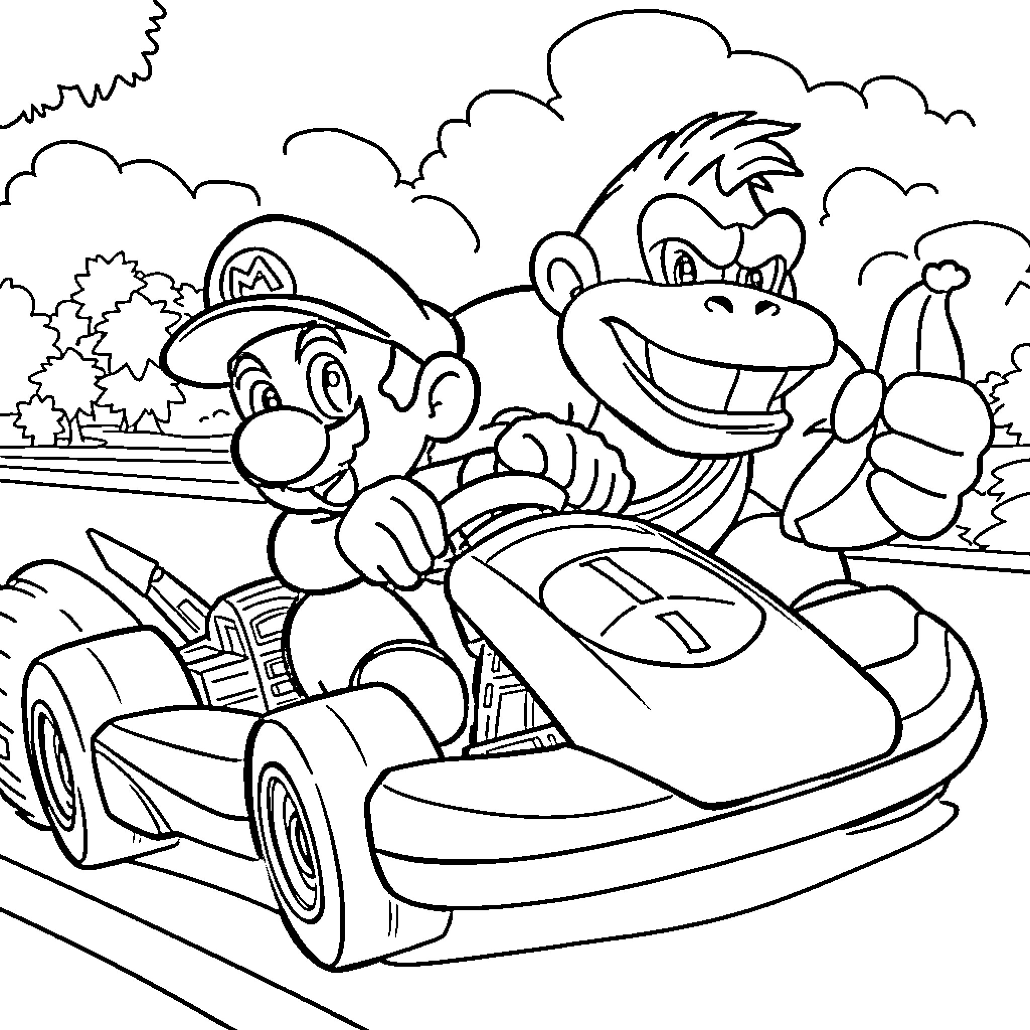 Mario racing with friends in a cartoon landscape Coloring Page (free black-and-white line drawing printable PDF for all, from beginners to advanced learners, including children, teens, adults, and seniors)