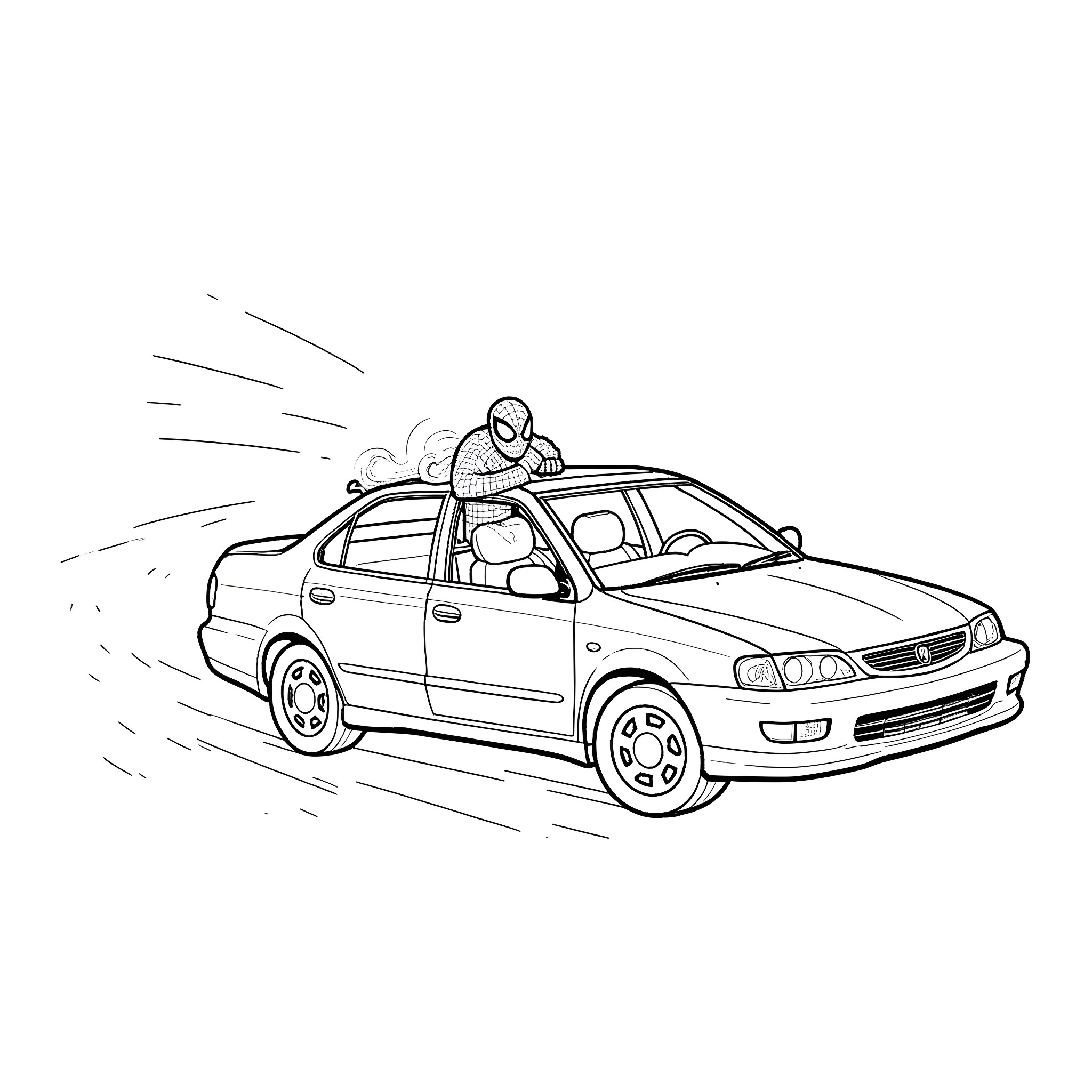 Spiderman swinging through the city in a car Coloring Page (free black-and-white line drawing printable PDF for all, from beginners to advanced learners, including children, teens, adults, and seniors)