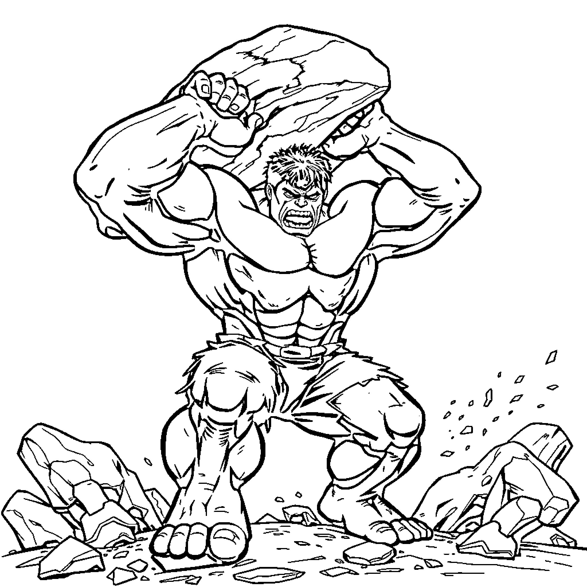 Hulk raging and smashing through the environment Coloring Page (free black-and-white line drawing printable PDF for all, from beginners to advanced learners, including children, teens, adults, and seniors)