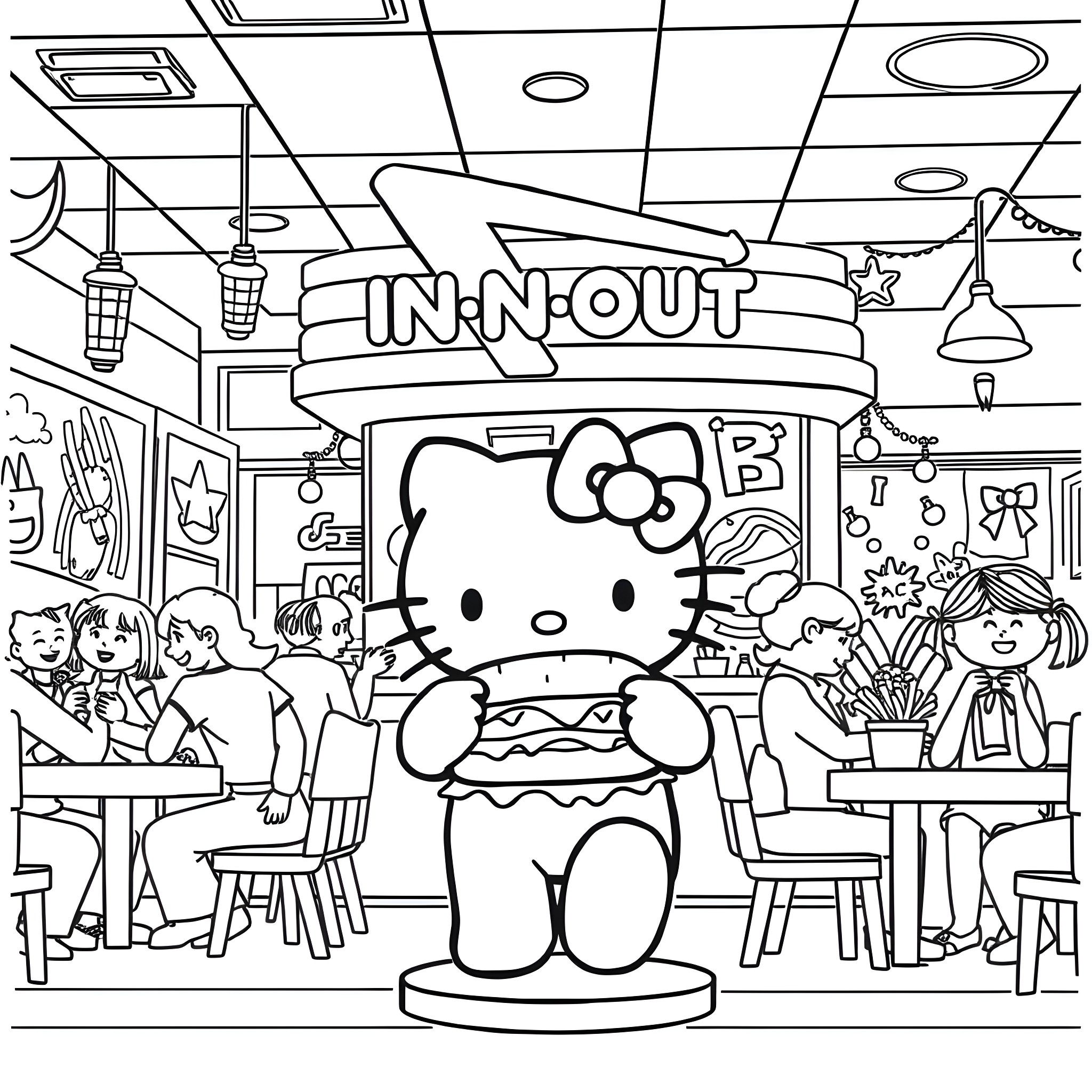 Hello Kitty enjoying a burger at an In-N-Out restaurant Coloring Page (free black-and-white line drawing printable PDF for all, from beginners to advanced learners, including children, teens, adults, and seniors)