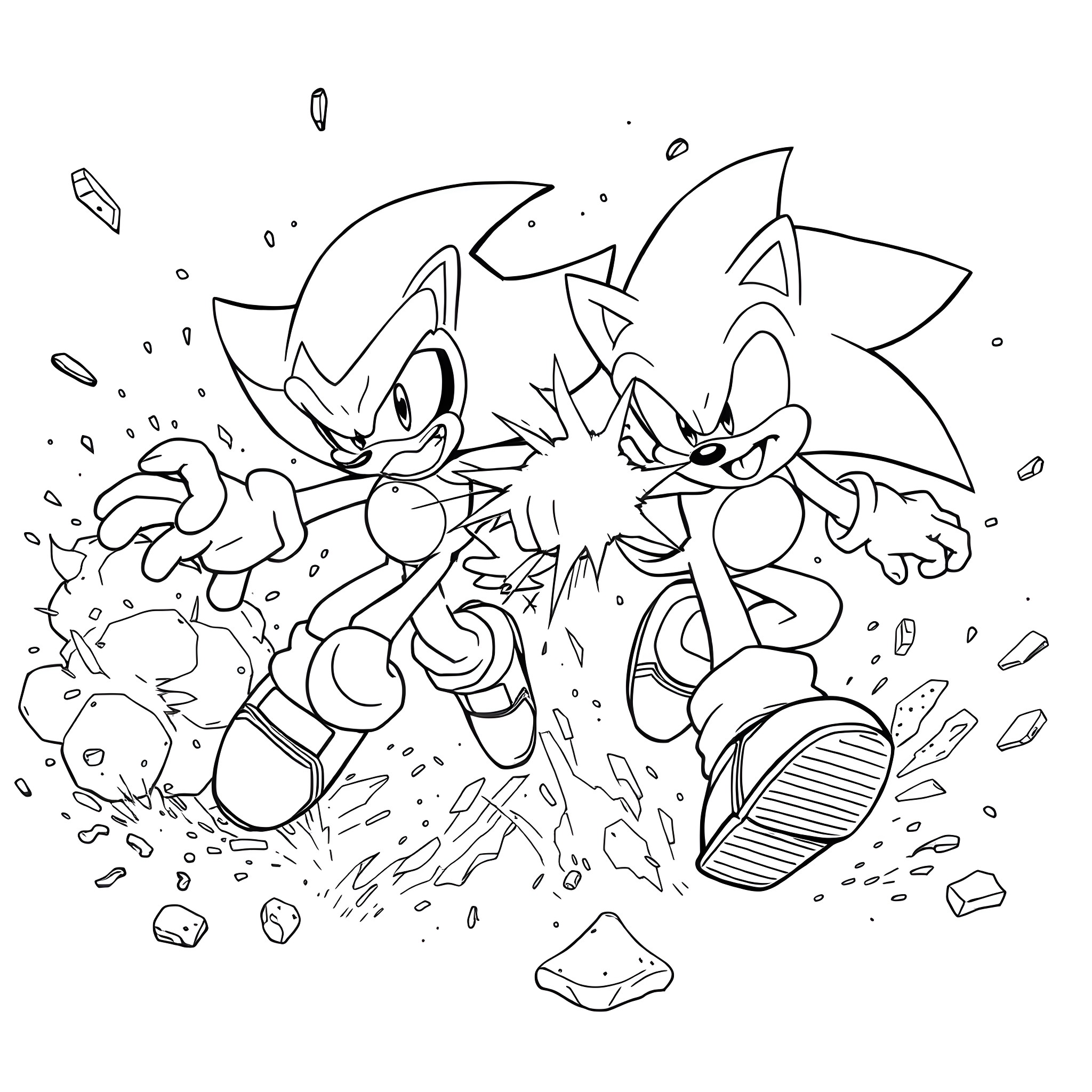Sonic and Knuckles in an intense fight Coloring Page (free black-and-white line drawing printable PDF for all, from beginners to advanced learners, including children, teens, adults, and seniors)