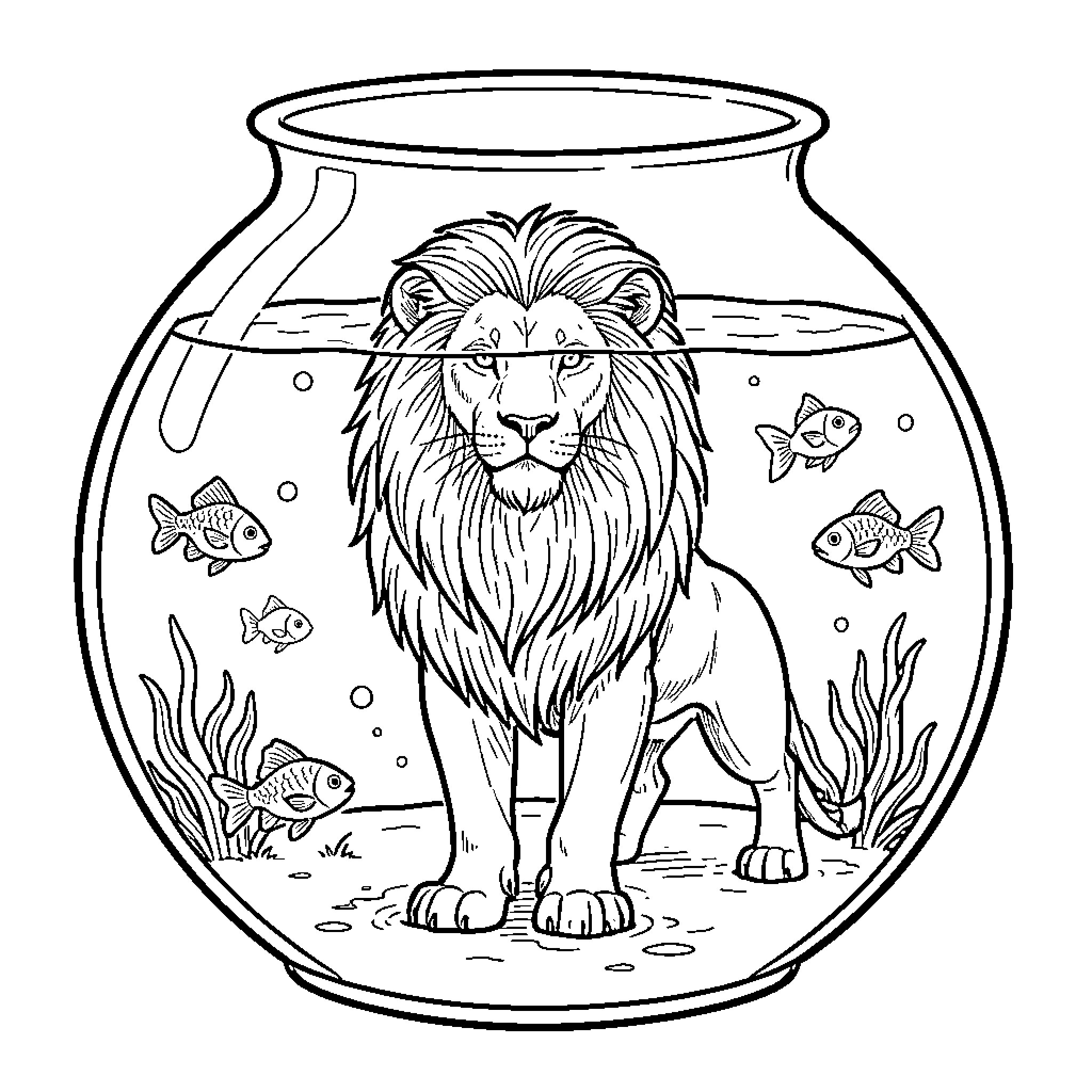 Lion in fish bowl with aquatic life Coloring Page (free black-and-white line drawing printable PDF for all, from beginners to advanced learners, including children, teens, adults, and seniors)