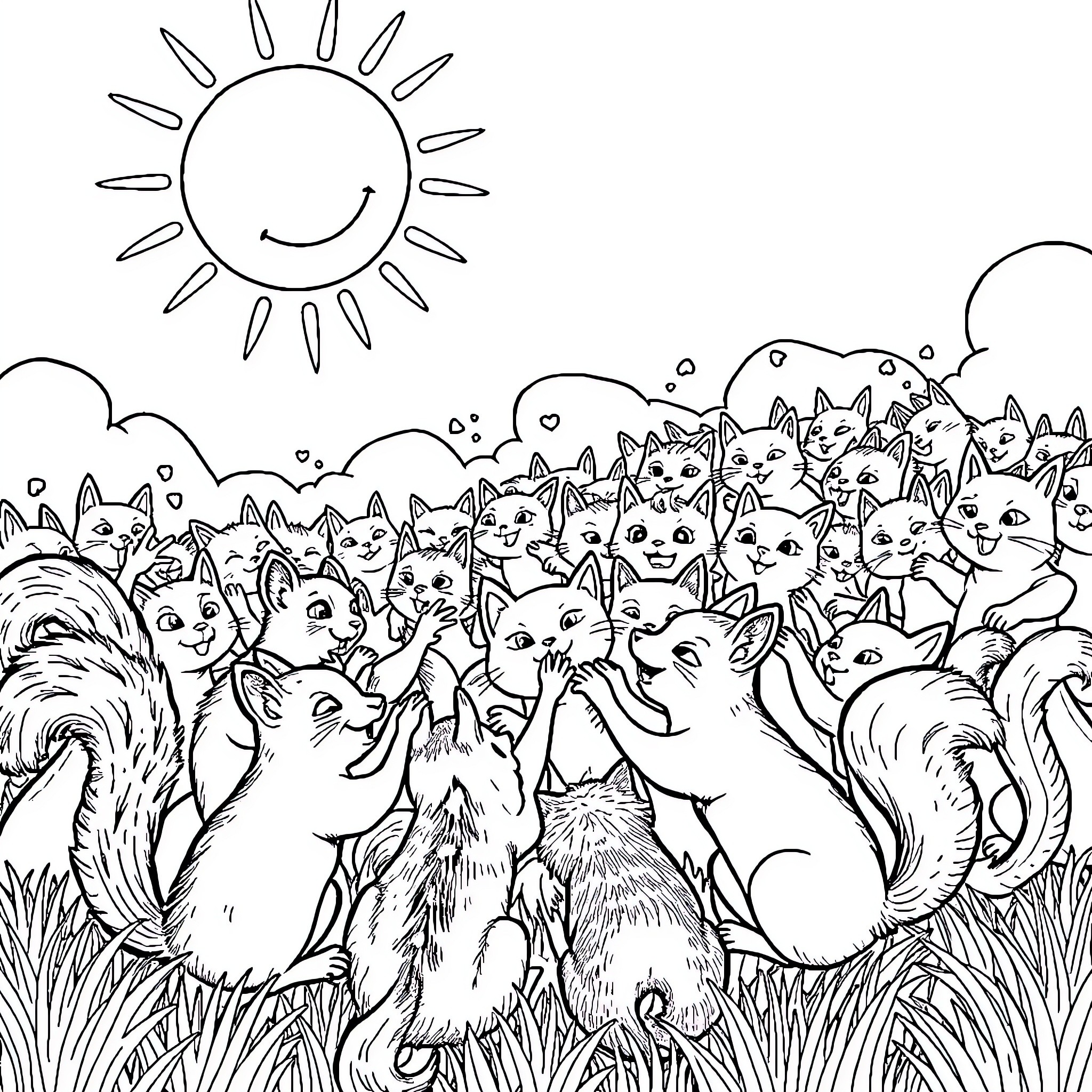 Squirrels frolicking in the sun-filled meadow Coloring Page (free black-and-white line drawing printable PDF for all, from beginners to advanced learners, including children, teens, adults, and seniors)