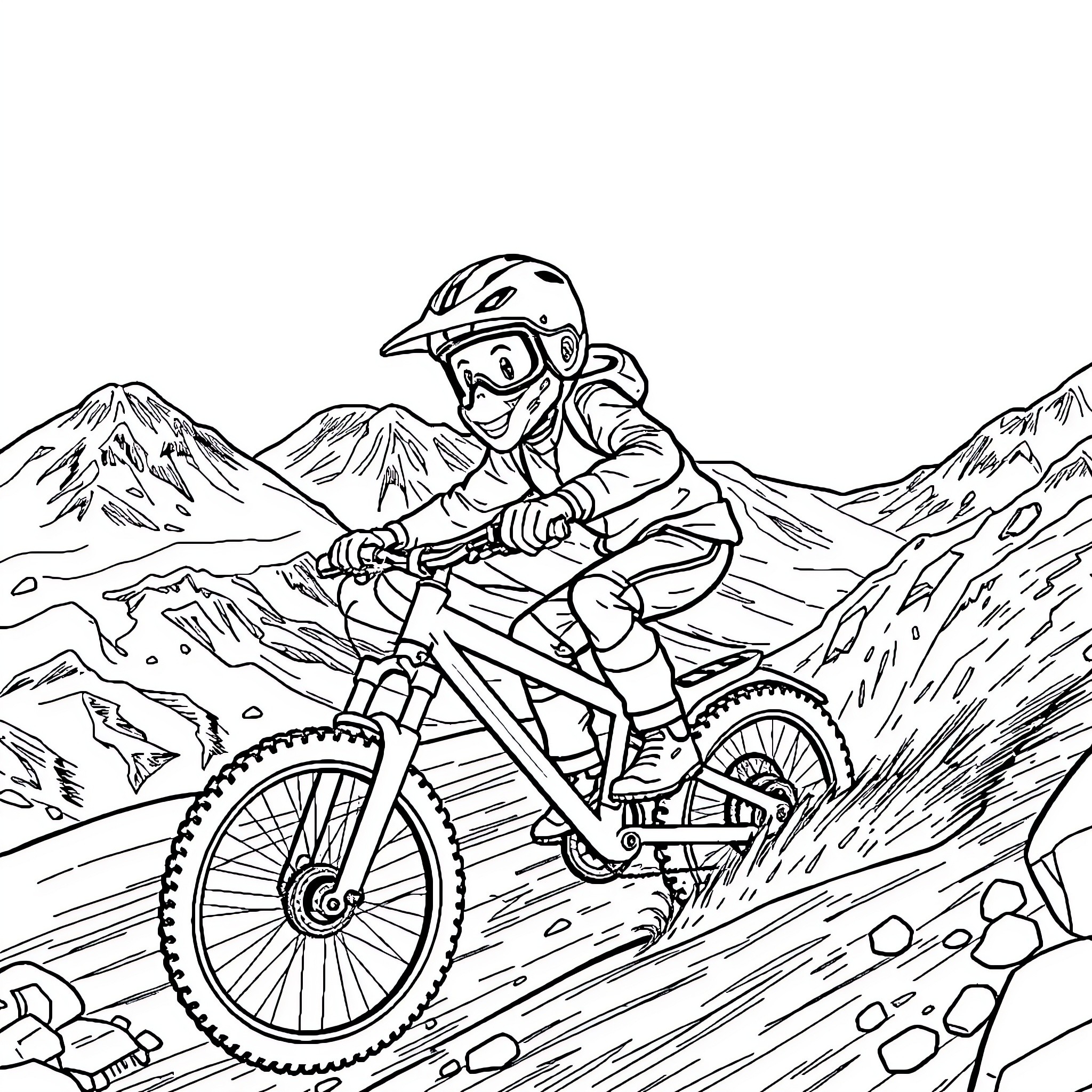 Kid biking through the rugged mountains Coloring Page (free black-and-white line drawing printable PDF for all, from beginners to advanced learners, including children, teens, adults, and seniors)