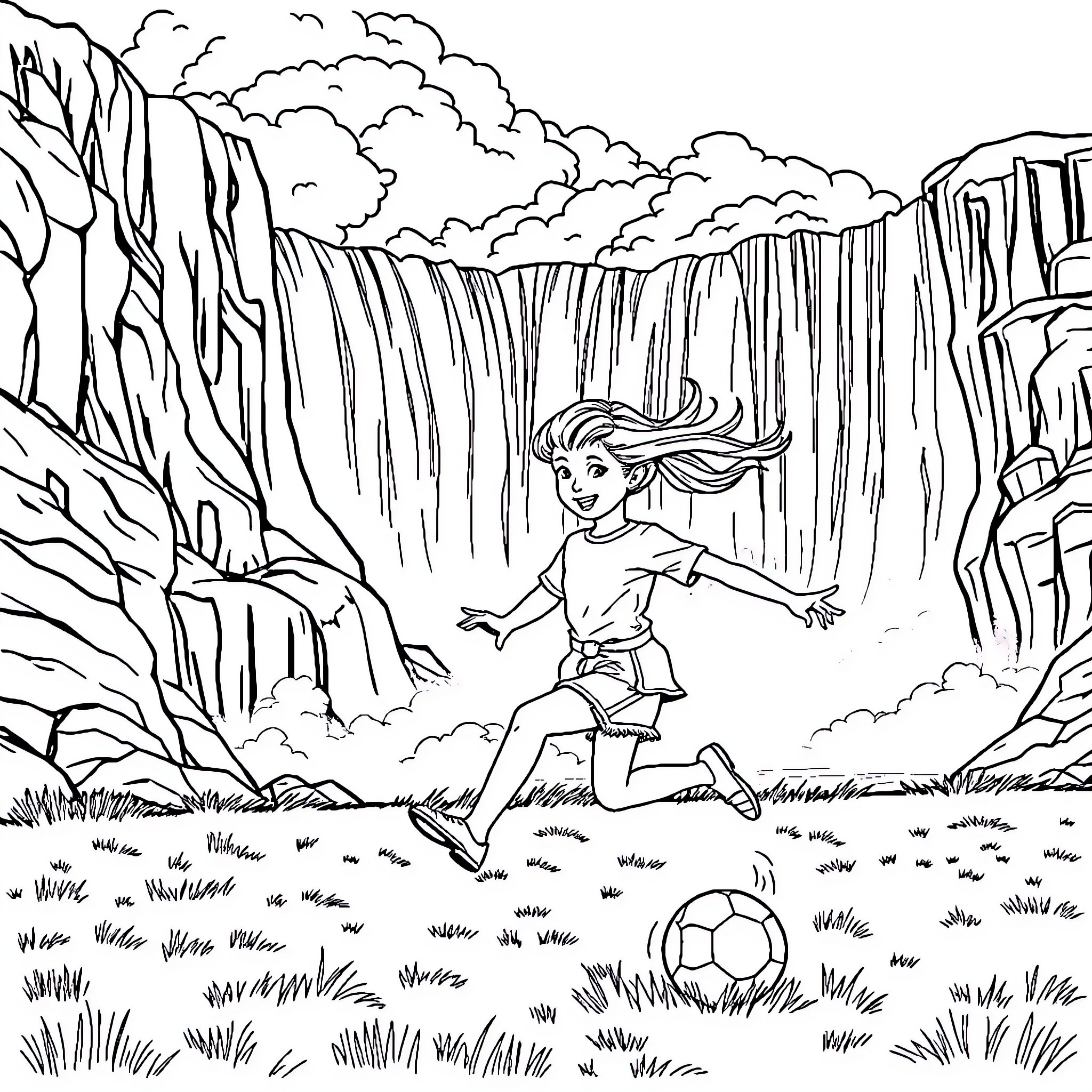 Girl playing with soccer ball in nature Coloring Page (free black-and-white line drawing printable PDF for all, from beginners to advanced learners, including children, teens, adults, and seniors)