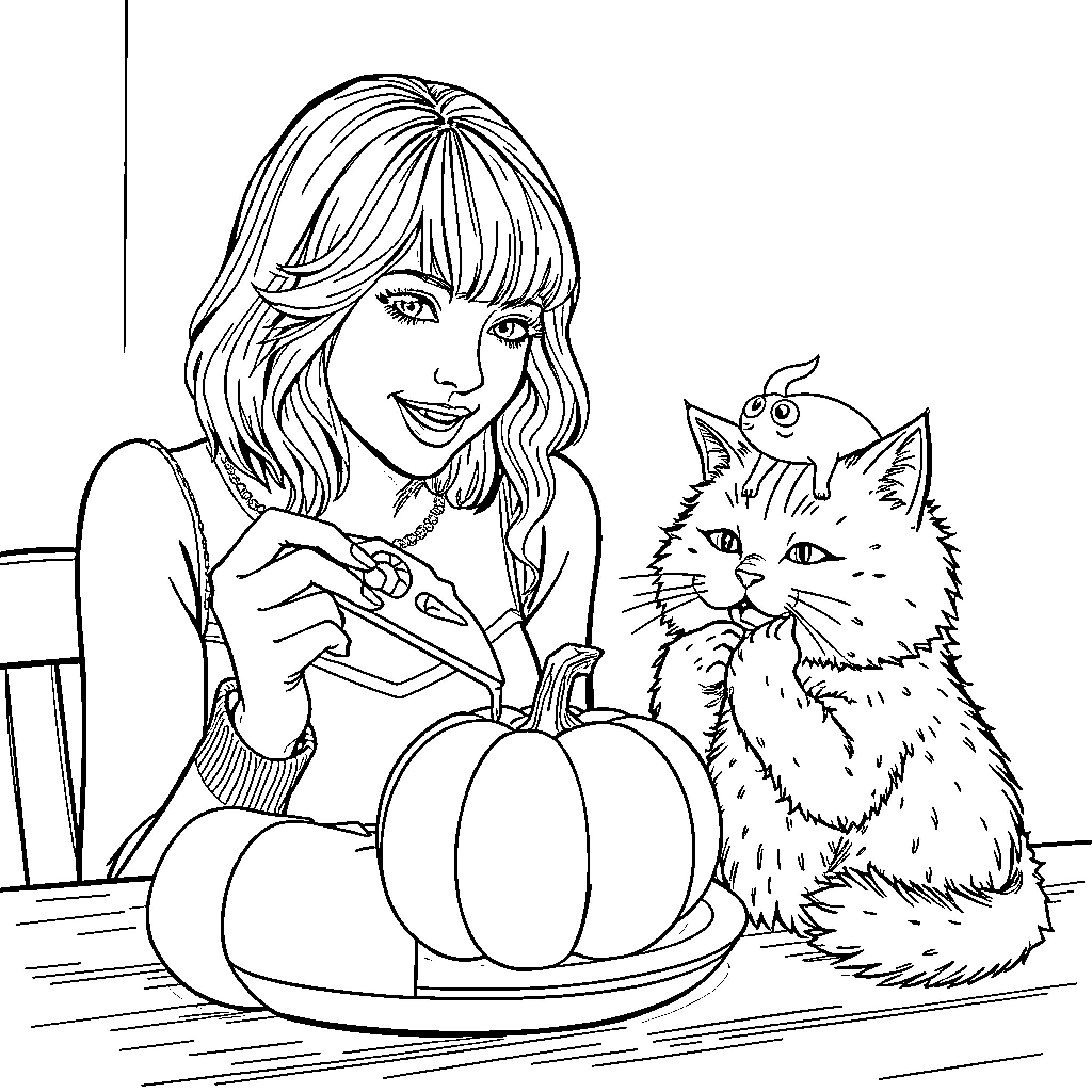 Taylor Swift playing with a cat and pumpkin Coloring Page (free black-and-white line drawing printable PDF for all, from beginners to advanced learners, including children, teens, adults, and seniors)