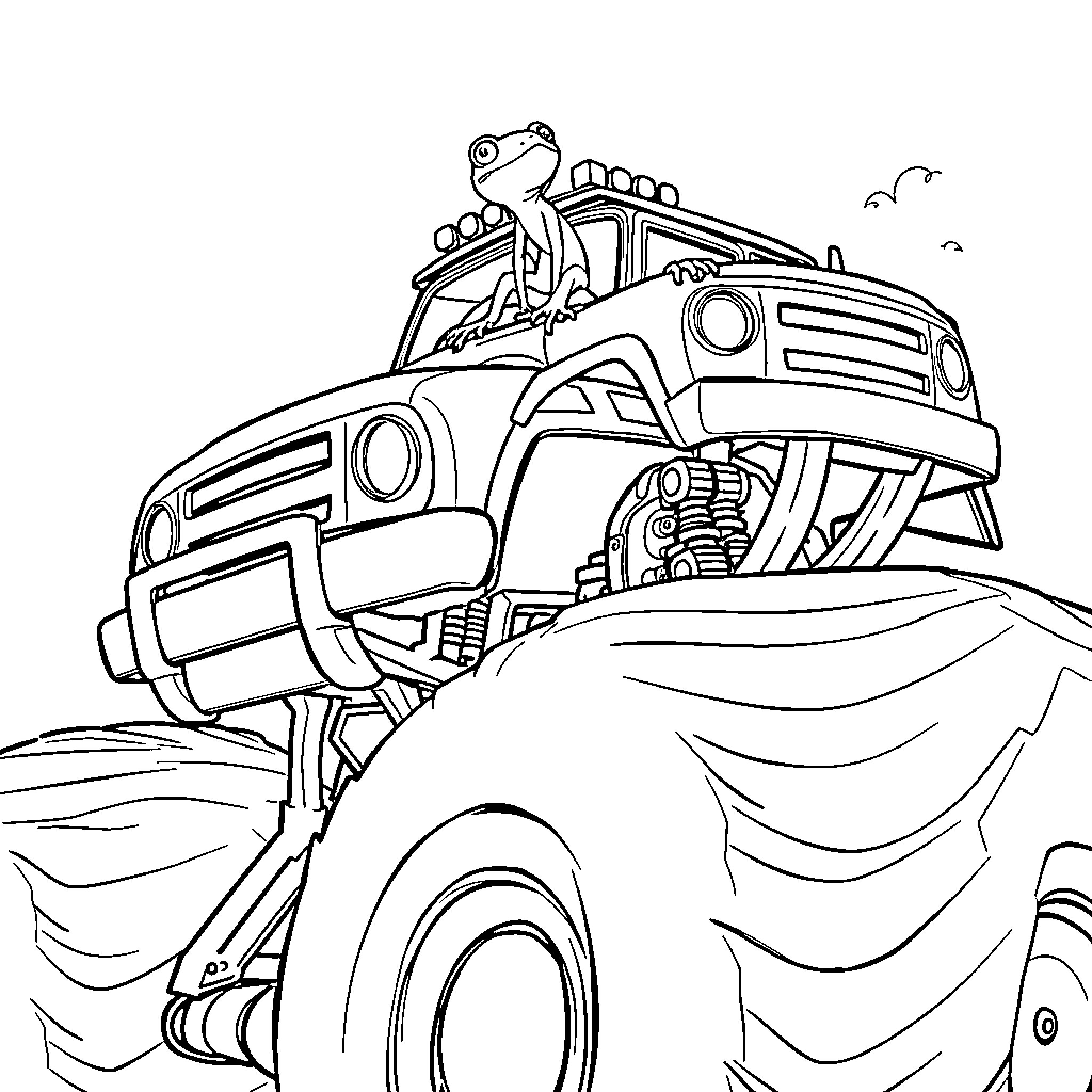 Gecko riding on a powerful monster truck Coloring Page (free black-and-white line drawing printable PDF for all, from beginners to advanced learners, including children, teens, adults, and seniors)