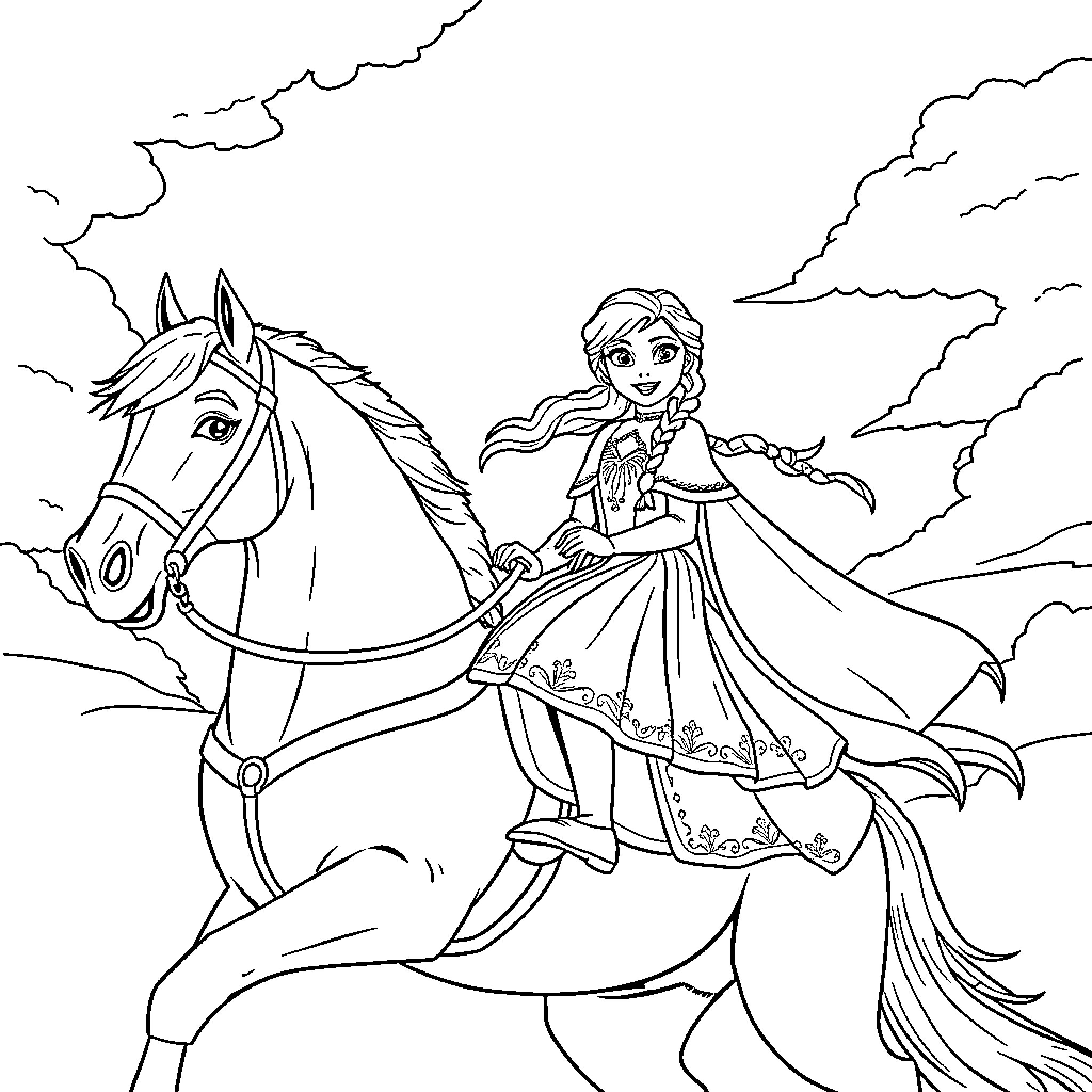 Horse Rider in Elegant Attire on a Majestic Steed Coloring Page (free black-and-white line drawing printable PDF for all, from beginners to advanced learners, including children, teens, adults, and seniors)