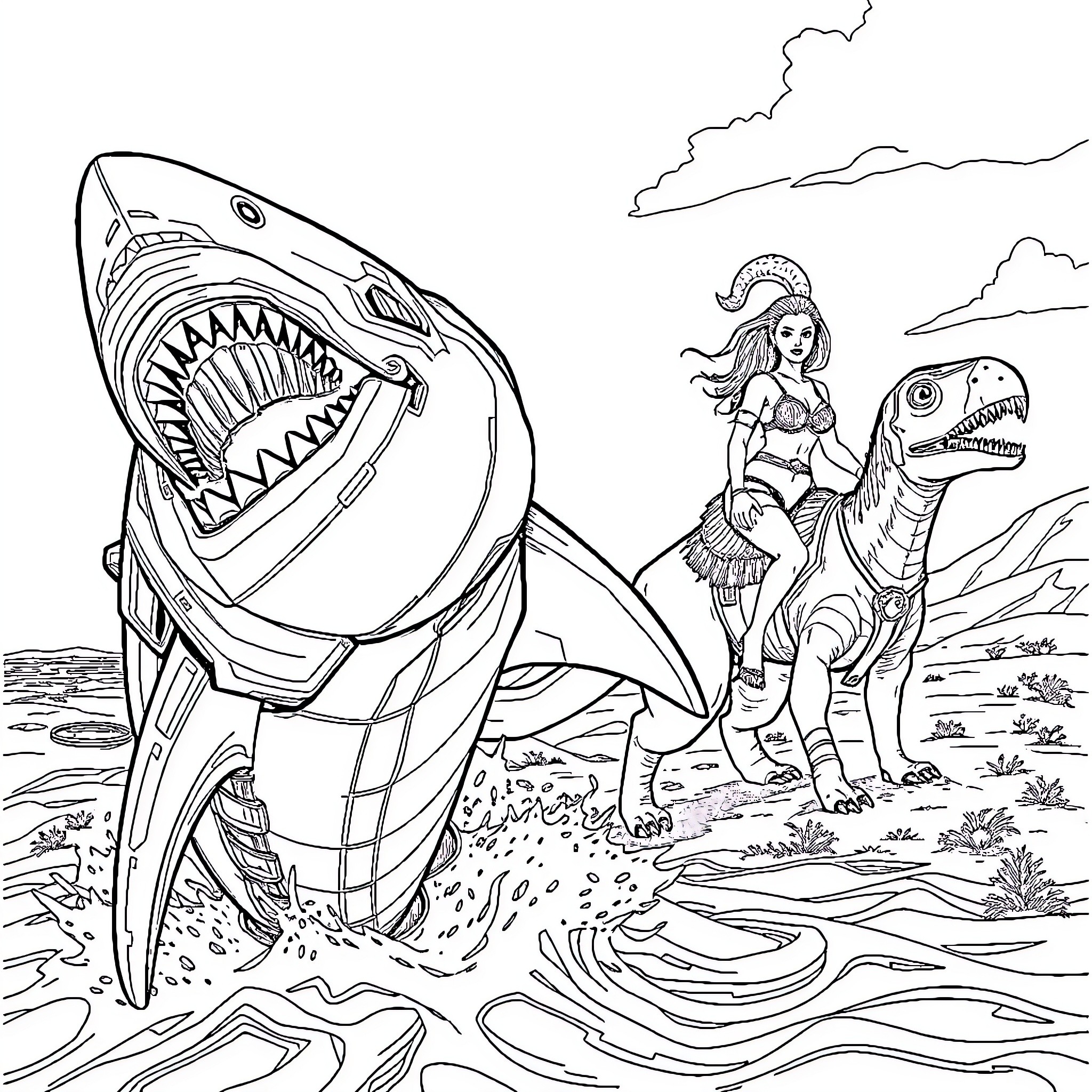 Cyborg Shark and Warrior Woman Encounter Prehistoric Creature Coloring Page (free black-and-white line drawing printable PDF for all, from beginners to advanced learners, including children, teens, adults, and seniors)
