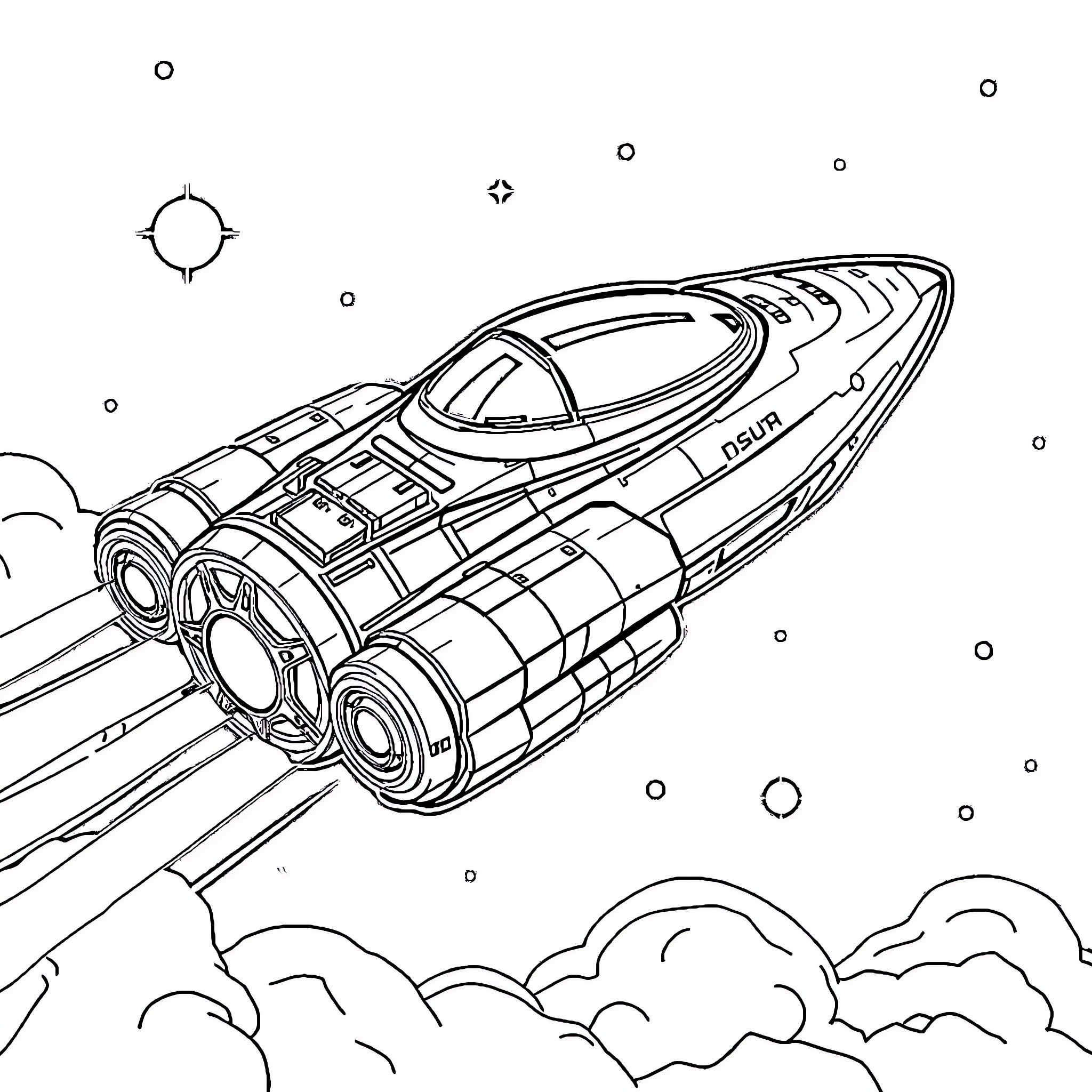 Spaceship soaring through the cosmos Coloring Page (free black-and-white line drawing printable PDF for all, from beginners to advanced learners, including children, teens, adults, and seniors)