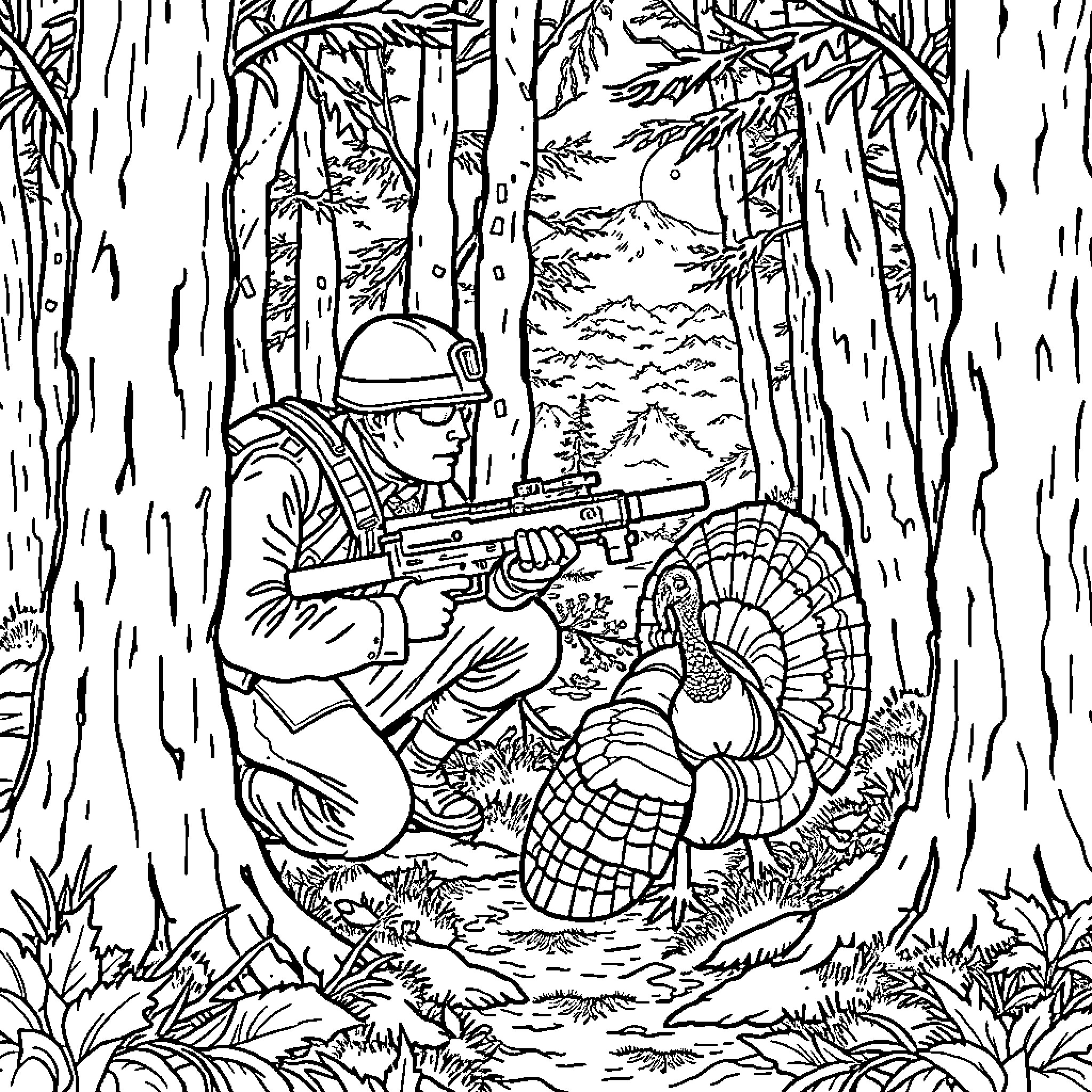 Marine Soldier Hunting Wild Turkey in Jungle Coloring Page (free black-and-white line drawing printable PDF for all, from beginners to advanced learners, including children, teens, adults, and seniors)