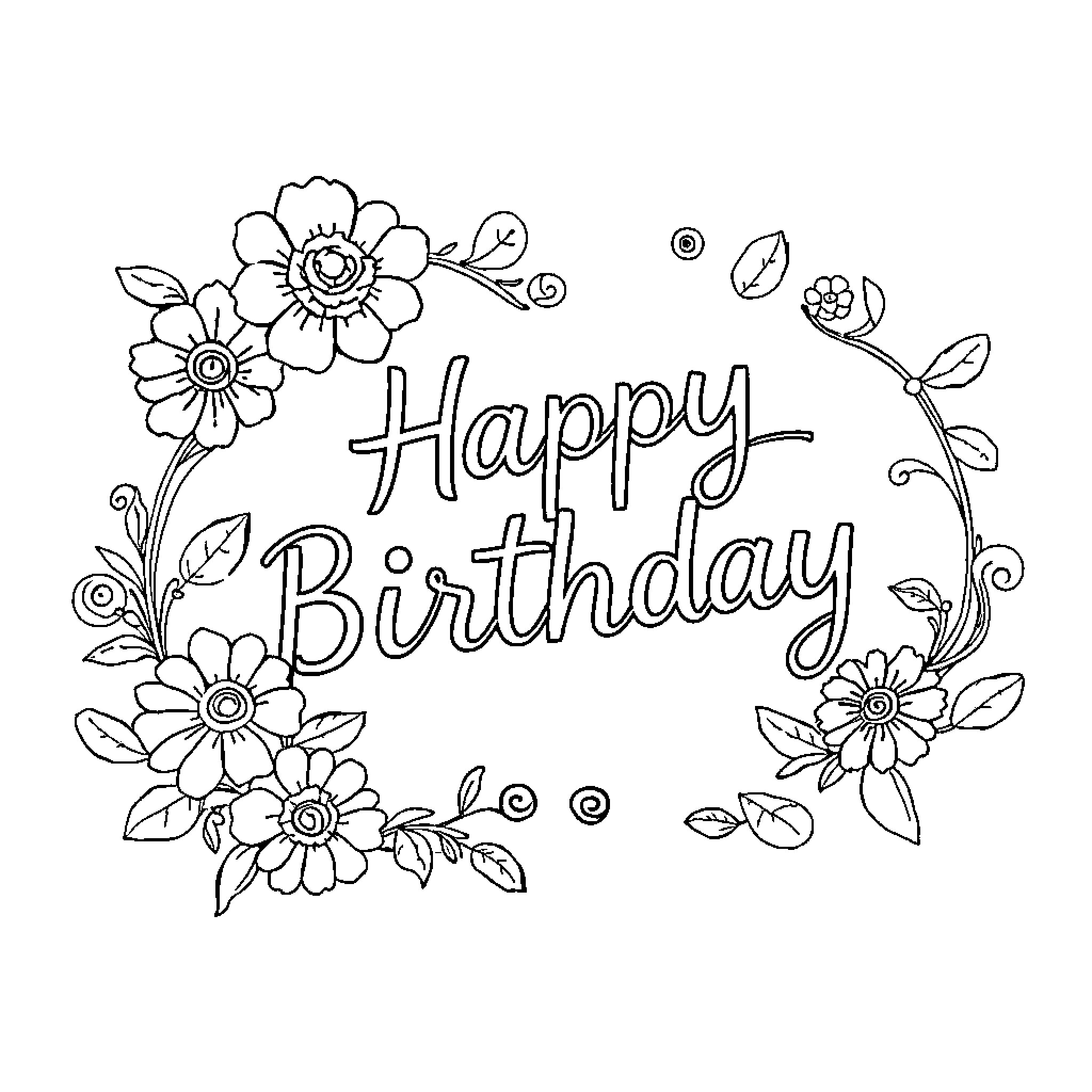 Birthday Wish with Floral Arrangements Coloring Page (free black-and-white line drawing printable PDF for all, from beginners to advanced learners, including children, teens, adults, and seniors)