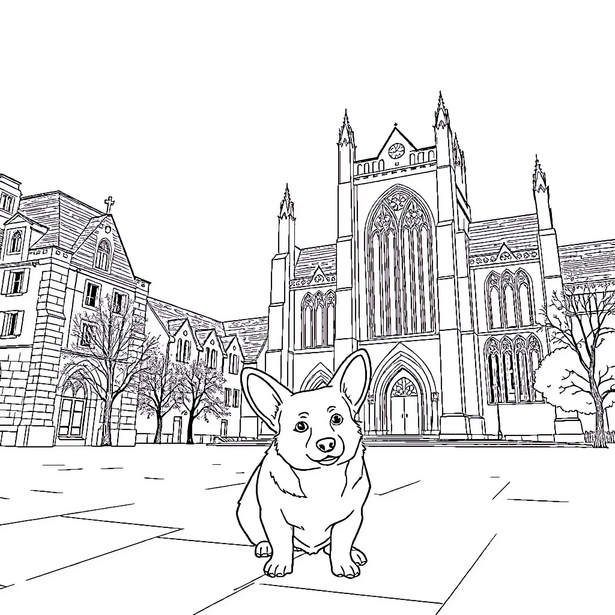 Corgi posing in front of historic cathedral Coloring Page (free black-and-white line drawing printable PDF for all, from beginners to advanced learners, including children, teens, adults, and seniors)