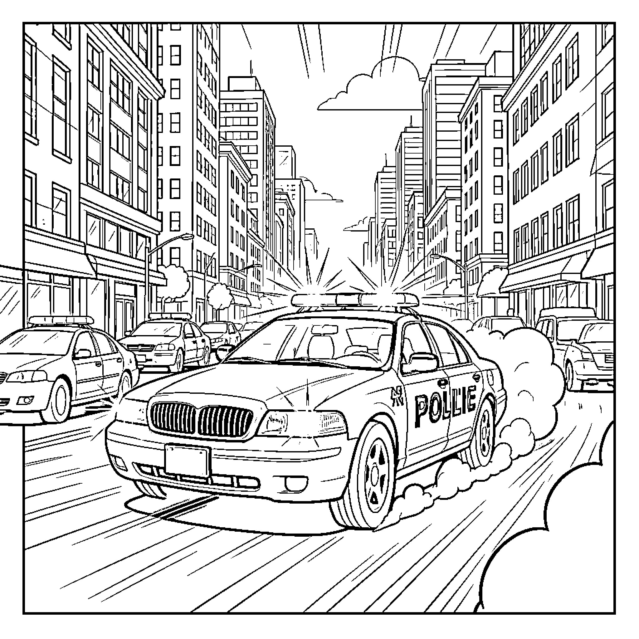 Police Car Rushing Through Busy City Streets Coloring Page (free black-and-white line drawing printable PDF for all, from beginners to advanced learners, including children, teens, adults, and seniors)