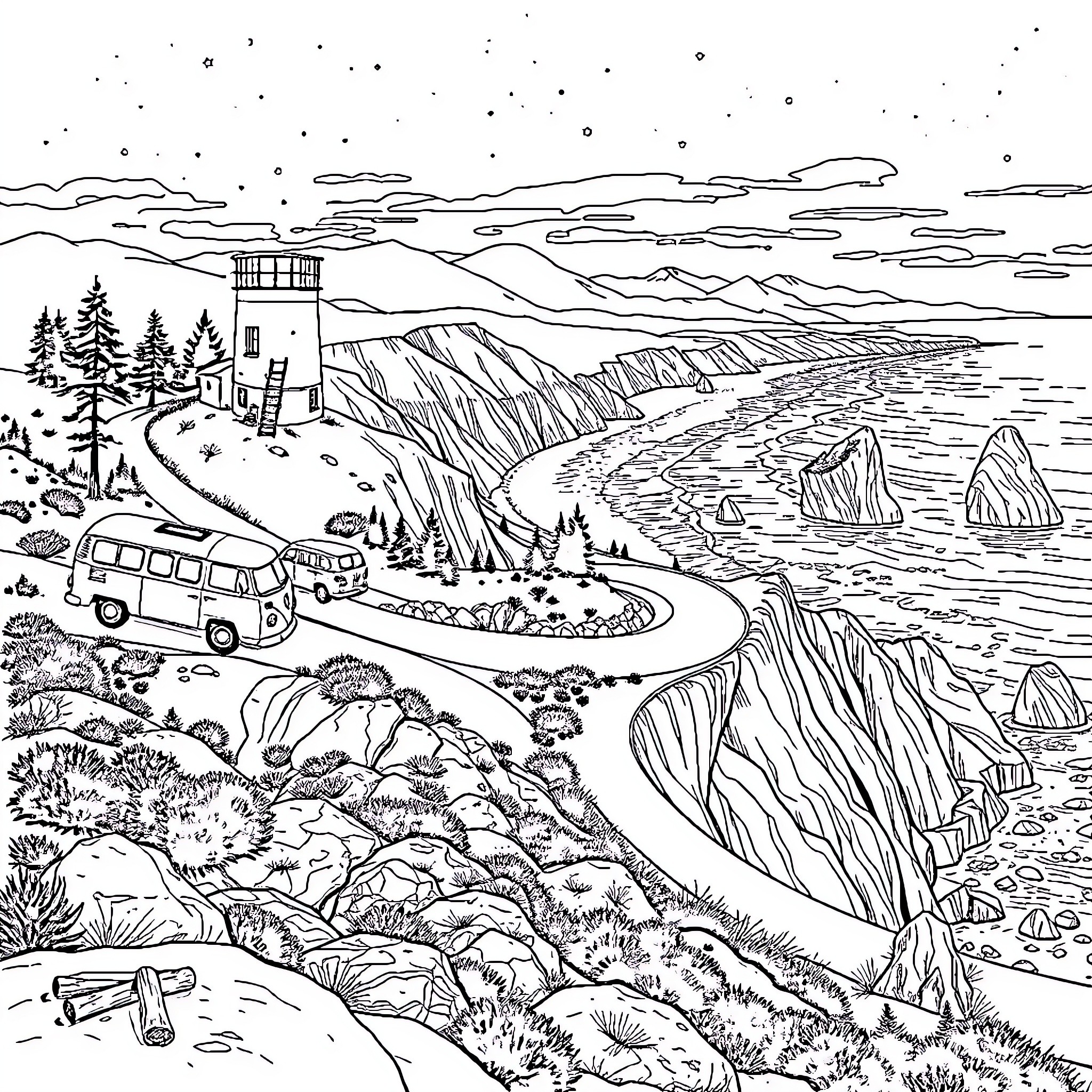 Coast view with lighthouse, van, and scenic landscape Coloring Page (free black-and-white line drawing printable PDF for all, from beginners to advanced learners, including children, teens, adults, and seniors)