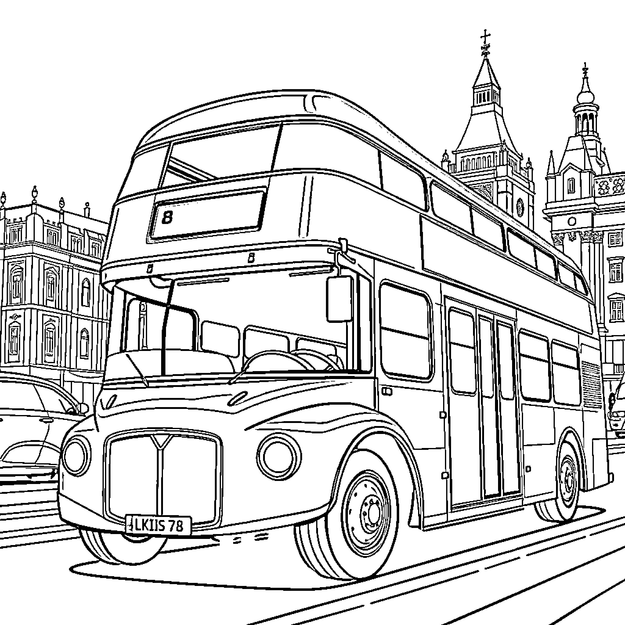 Bus on a city street with historical buildings Coloring Page (free black-and-white line drawing printable PDF for all, from beginners to advanced learners, including children, teens, adults, and seniors)