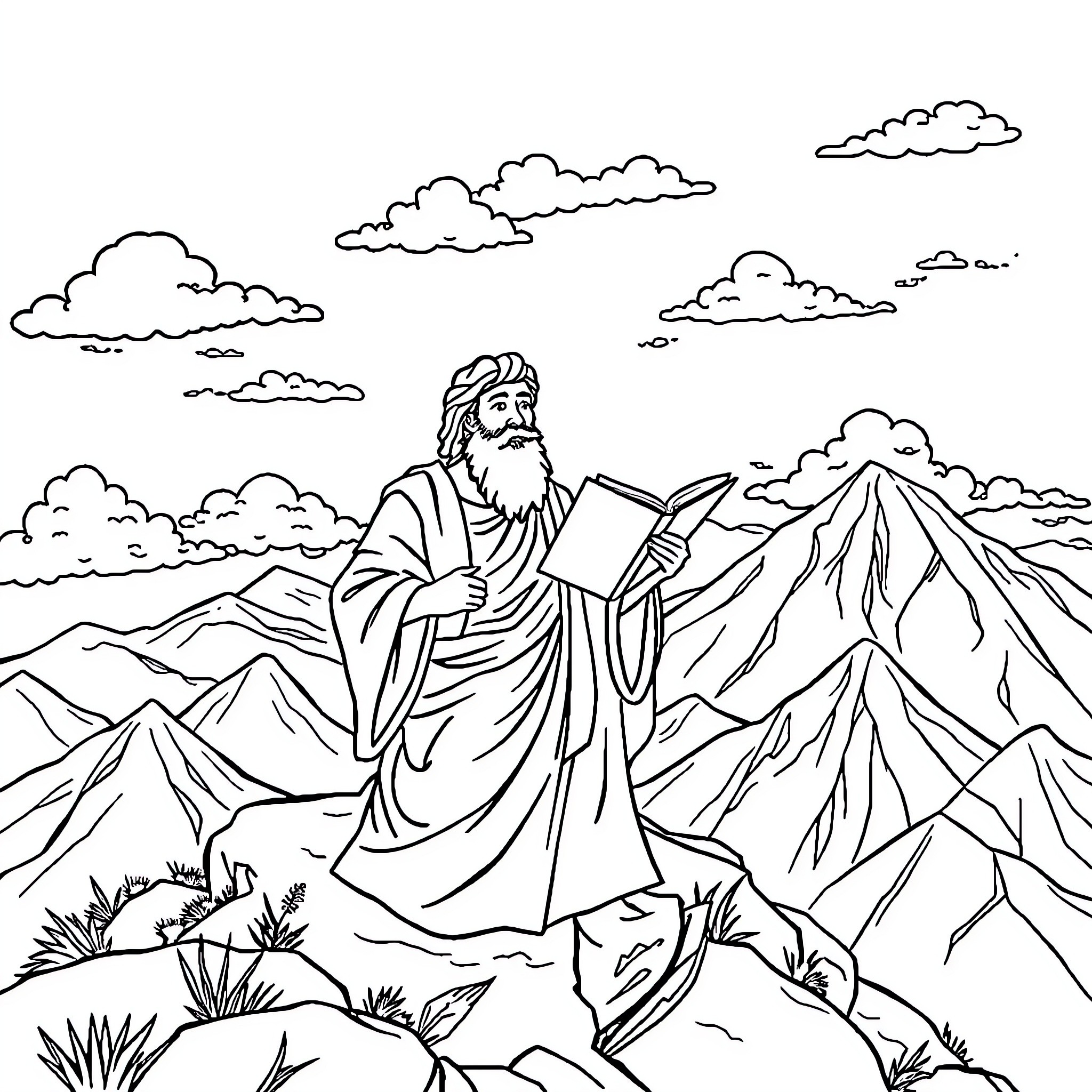Moses praying and reading scripture in the mountains Coloring Page (free black-and-white line drawing printable PDF for all, from beginners to advanced learners, including children, teens, adults, and seniors)