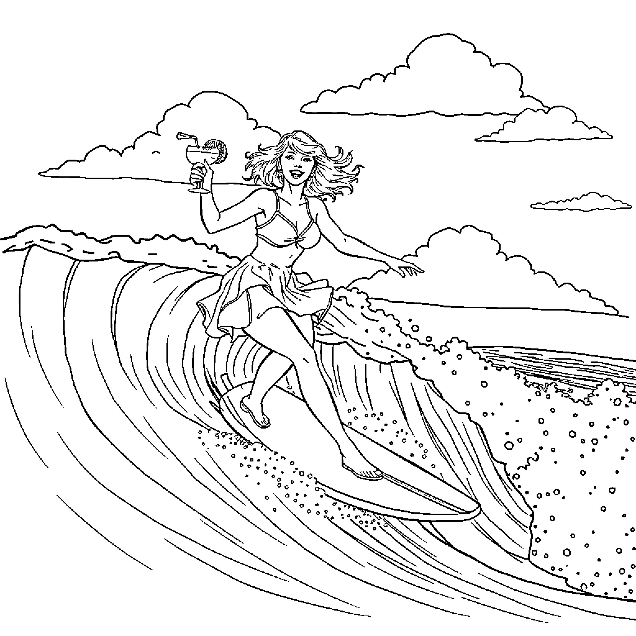 Taylor Swift surfing on a wave in the ocean Coloring Page (free black-and-white line drawing printable PDF for all, from beginners to advanced learners, including children, teens, adults, and seniors)