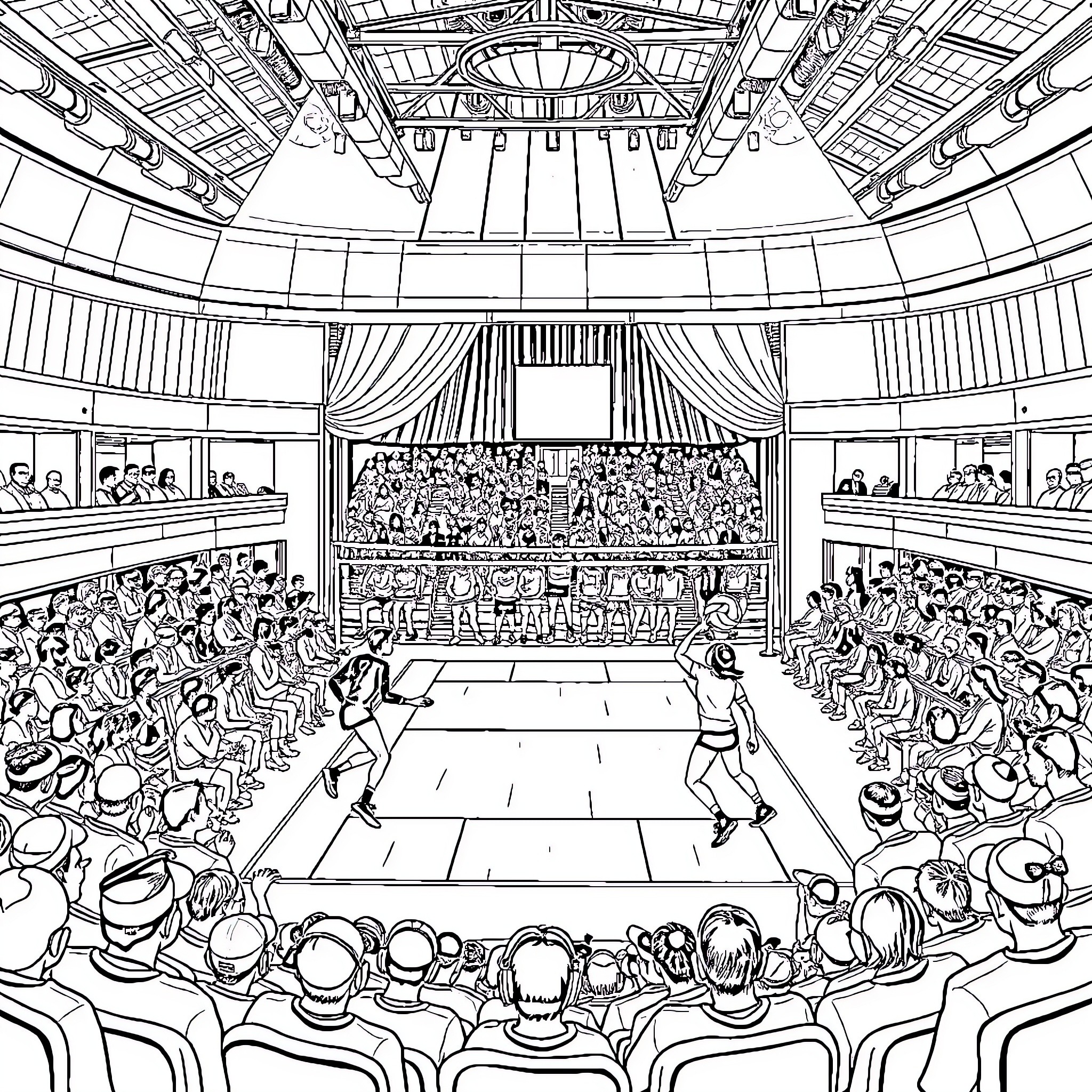 Volleyball match in a crowded indoor stadium Coloring Page (free black-and-white line drawing printable PDF for all, from beginners to advanced learners, including children, teens, adults, and seniors)