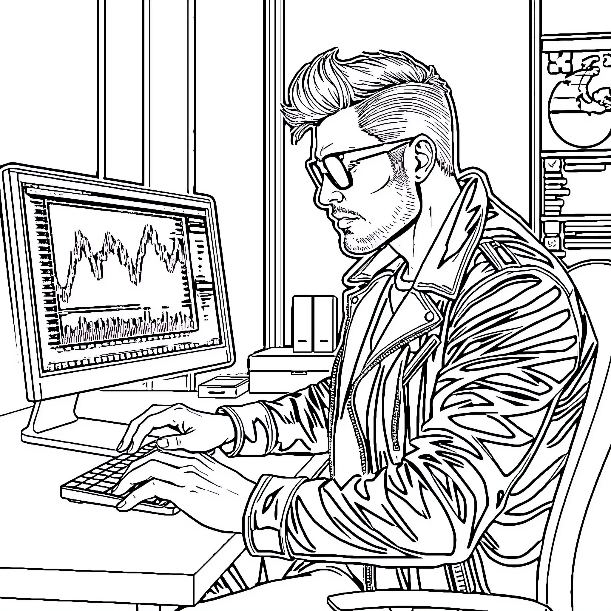 Dude analyzing stock market data on computer Coloring Page (free black-and-white line drawing printable PDF for all, from beginners to advanced learners, including children, teens, adults, and seniors)