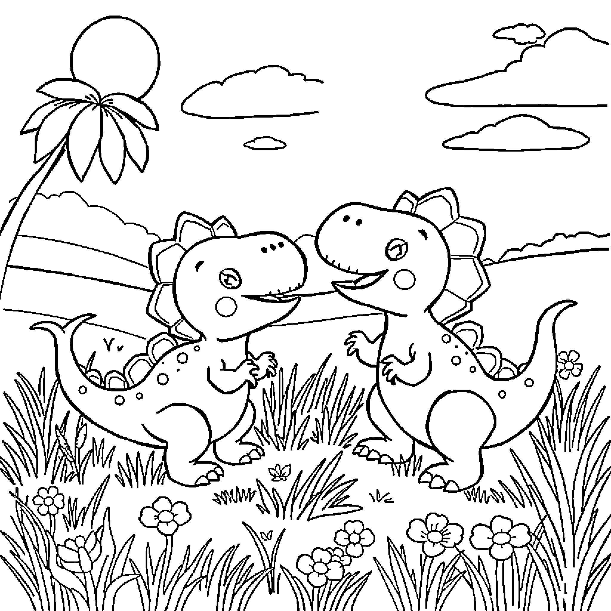 Dino friends playing in the meadow Coloring Page (free black-and-white line drawing printable PDF for all, from beginners to advanced learners, including children, teens, adults, and seniors)