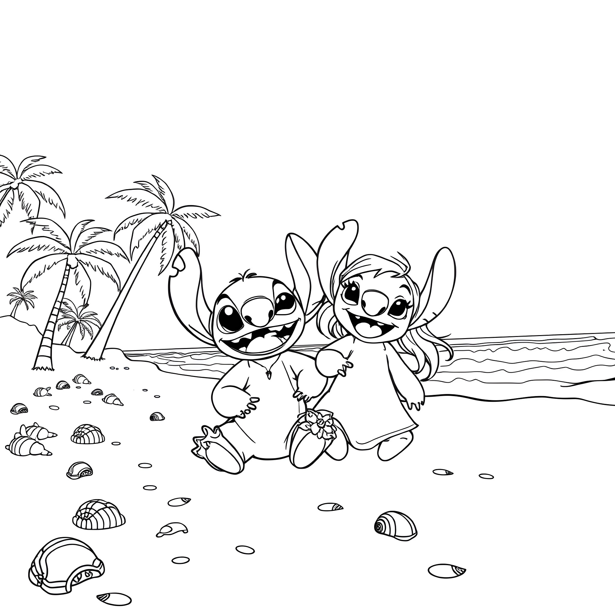 Lilo and Stitch playing on the beach Coloring Page (free black-and-white line drawing printable PDF for all, from beginners to advanced learners, including children, teens, adults, and seniors)