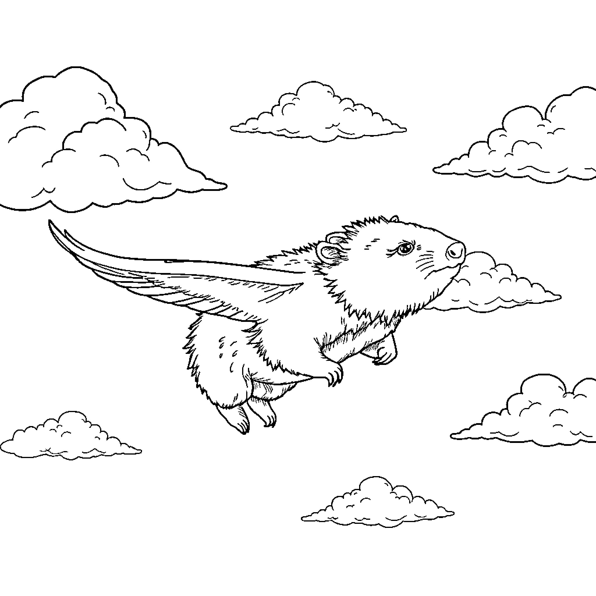 Wombat soaring through the cloudy sky Coloring Page (free black-and-white line drawing printable PDF for all, from beginners to advanced learners, including children, teens, adults, and seniors)