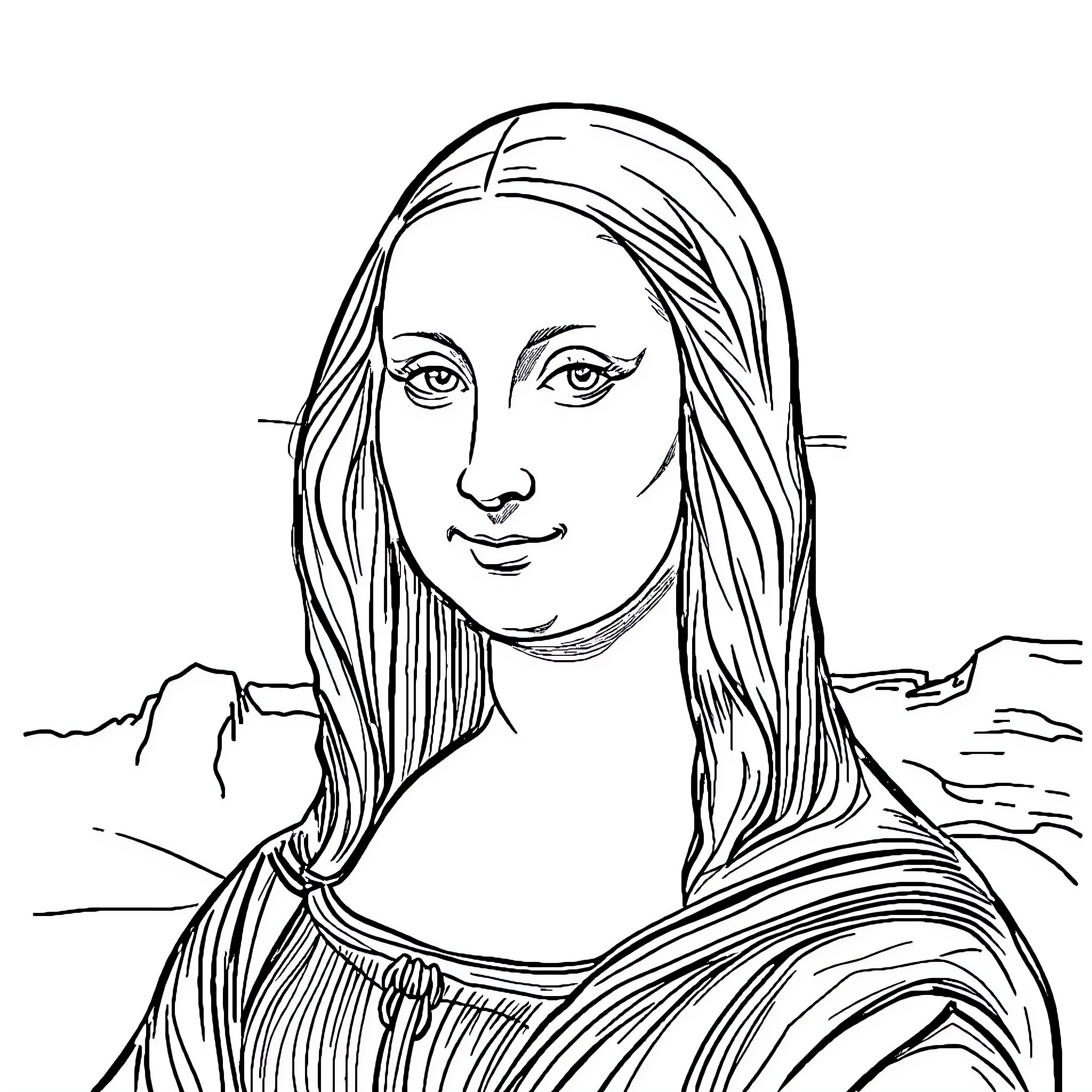 Mona Lisa's Iconic Visage Coloring Page (free black-and-white line drawing printable PDF for all, from beginners to advanced learners, including children, teens, adults, and seniors)