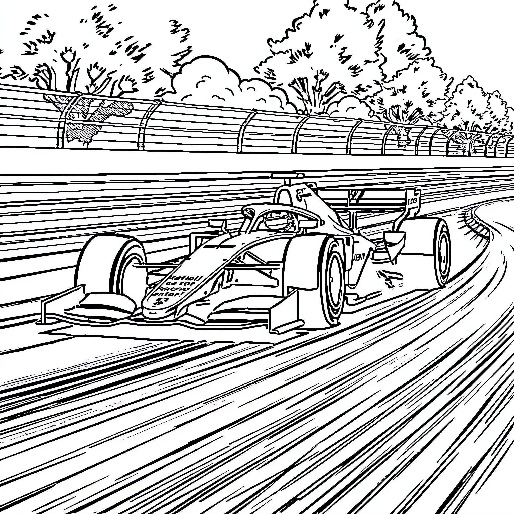 F1 Car speeding through a racetrack surrounded by trees Coloring Page (free black-and-white line drawing printable PDF for all, from beginners to advanced learners, including children, teens, adults, and seniors)