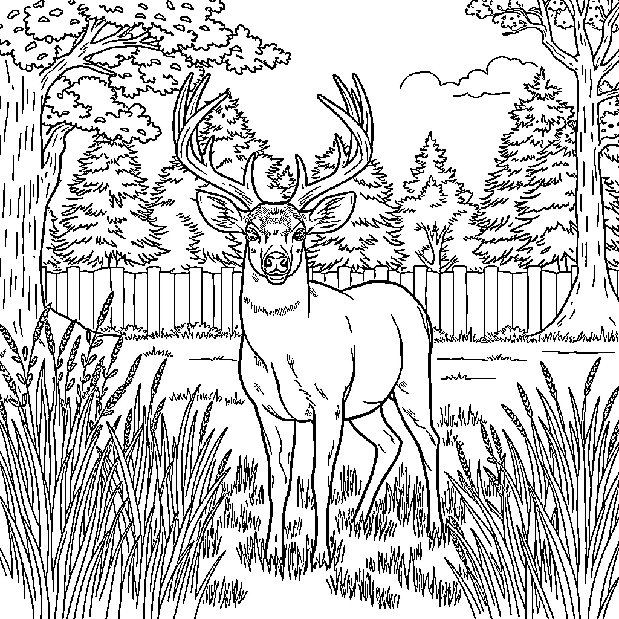 Buck in the Tranquil Forest Landscape Coloring Page (free black-and-white line drawing printable PDF for all, from beginners to advanced learners, including children, teens, adults, and seniors)