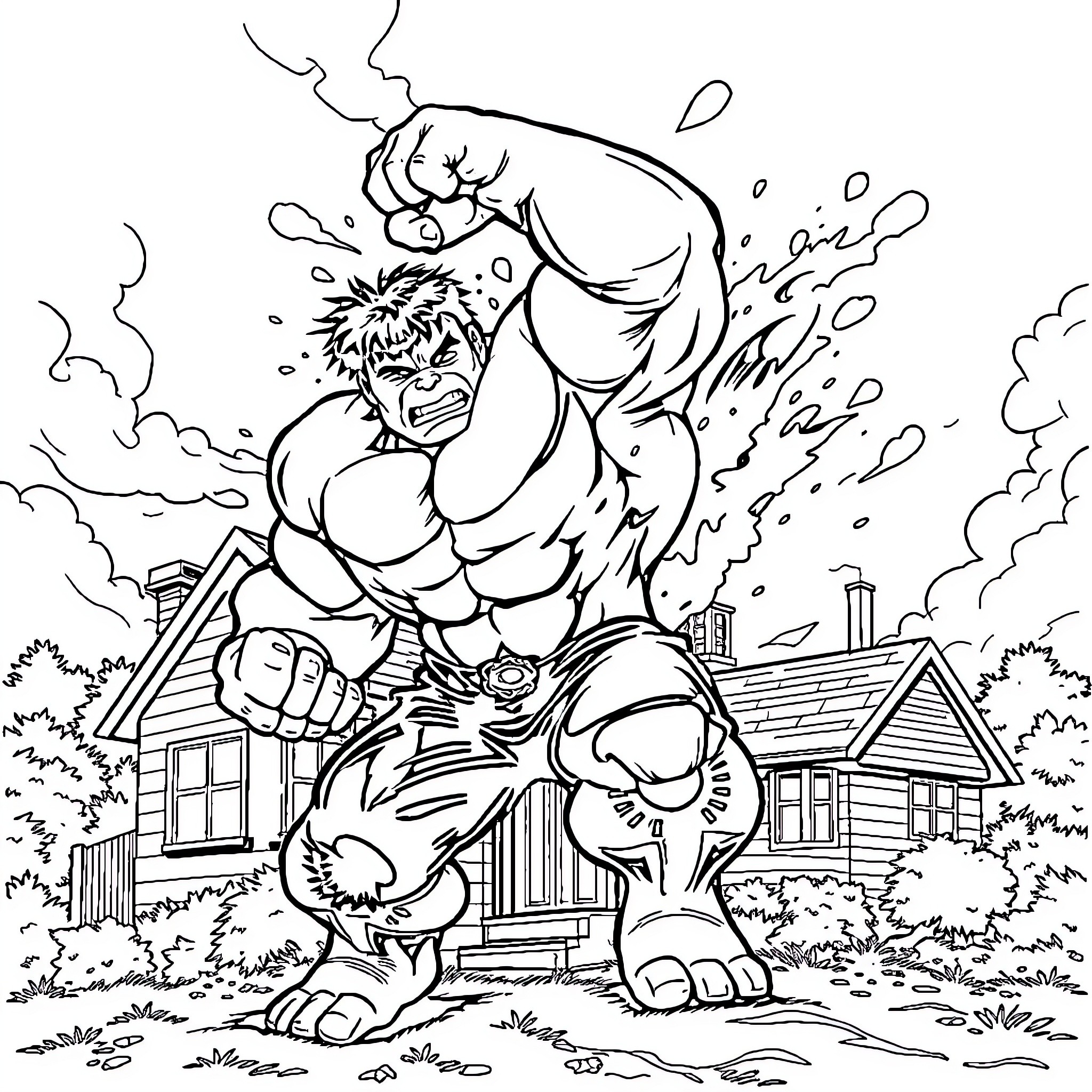 Hulk Unleashing Strength and Destruction in Suburban Setting Coloring Page (free black-and-white line drawing printable PDF for all, from beginners to advanced learners, including children, teens, adults, and seniors)